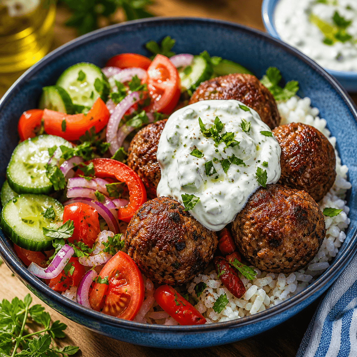 Griekse gehaktballetjes met tzatziki en frisse salade: