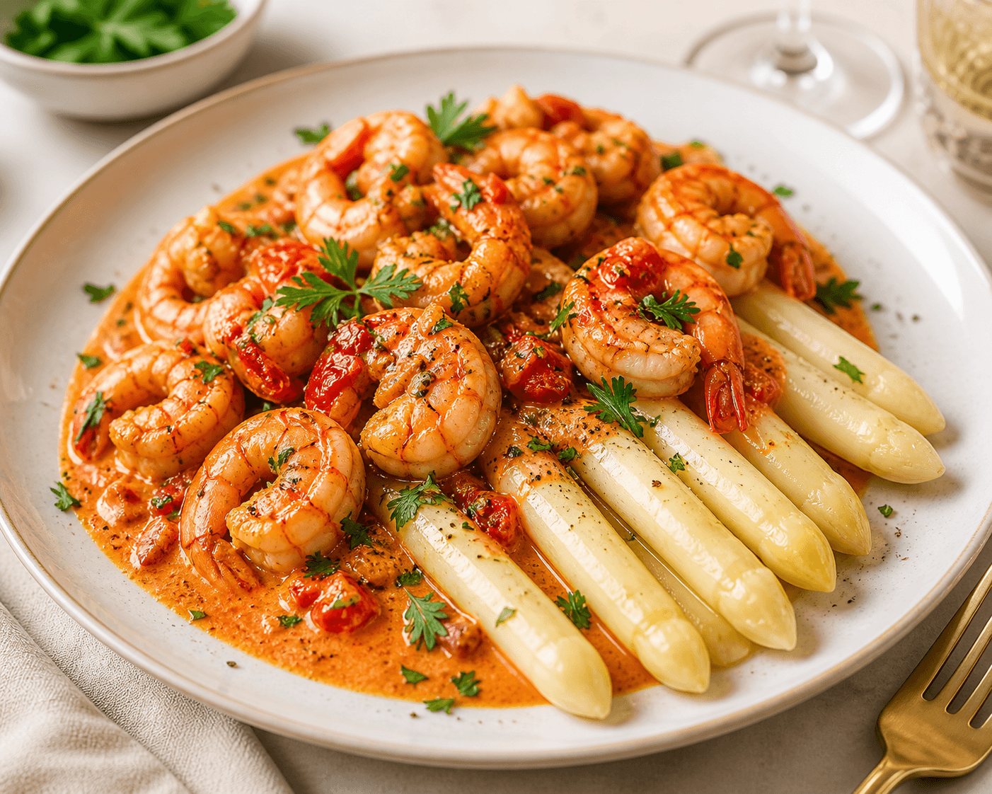 Scampi diabolique met asperges