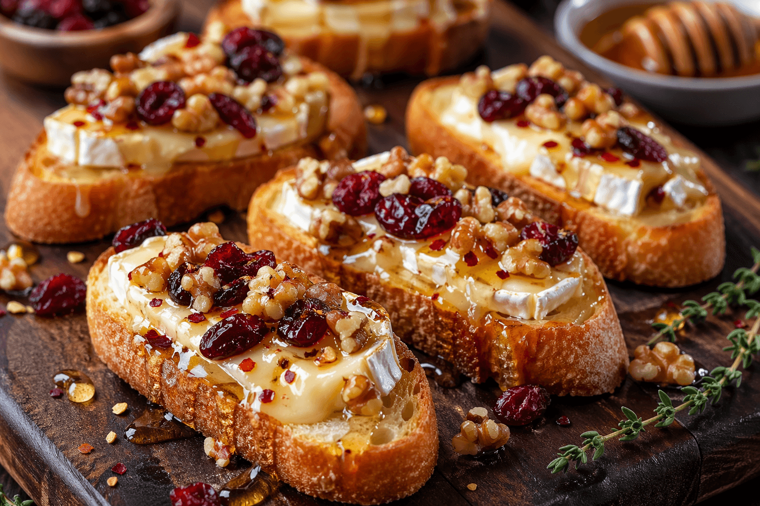 Warm Brie & Cranberry Walnoot Crostini met Hete Honing.