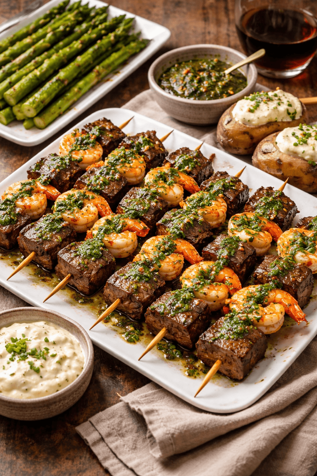 Surf & Turf Spiesen met Chimichurri, Gepofte Aardappel en Groene Asperges.