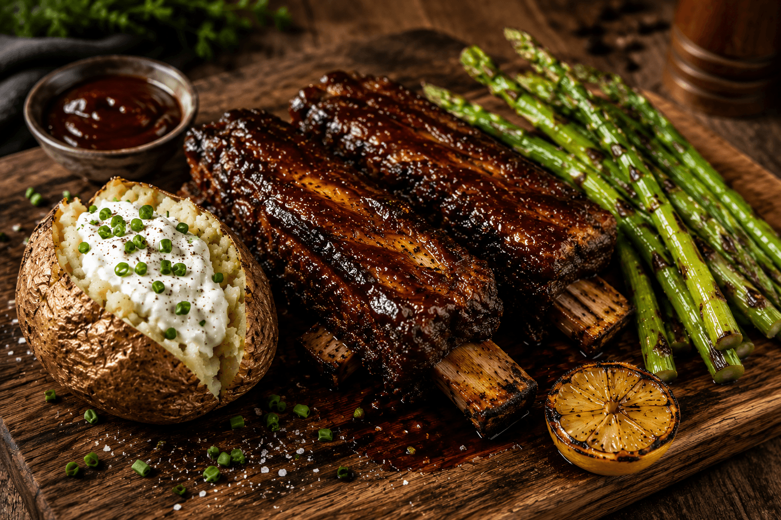BBQ short ribs met gepofte aardappel en gegrilde groene asperges.