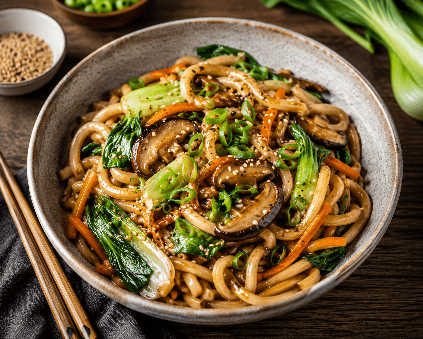 Japanse Udon noedels met shiitake, paksoi en sesam-sojasaus.