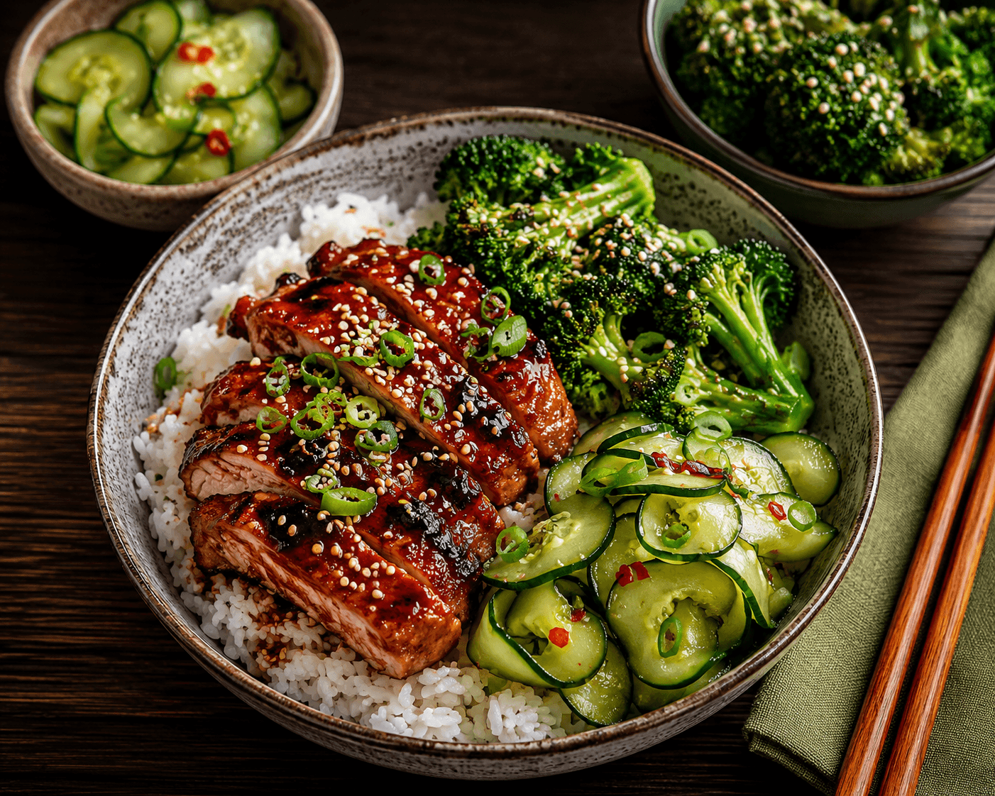 Char Siu kip met geurige jasmijnrijst, sesam-broccoli en snelle komkommerpickle.