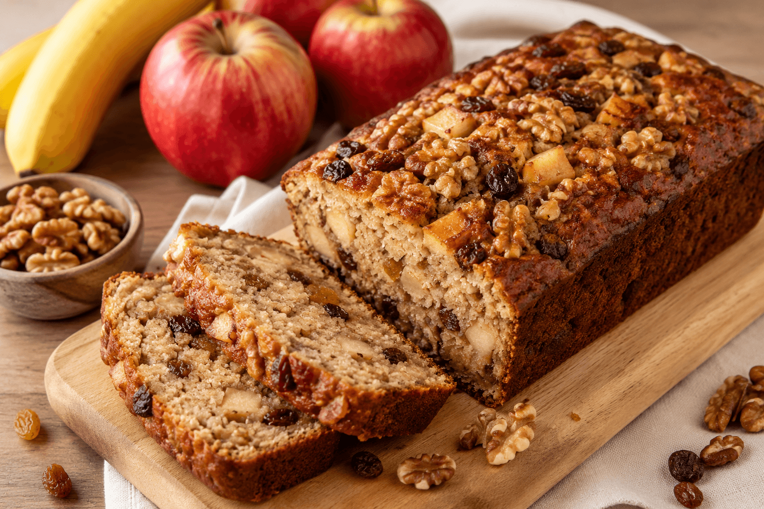 Bananen-appelcake met walnoten.