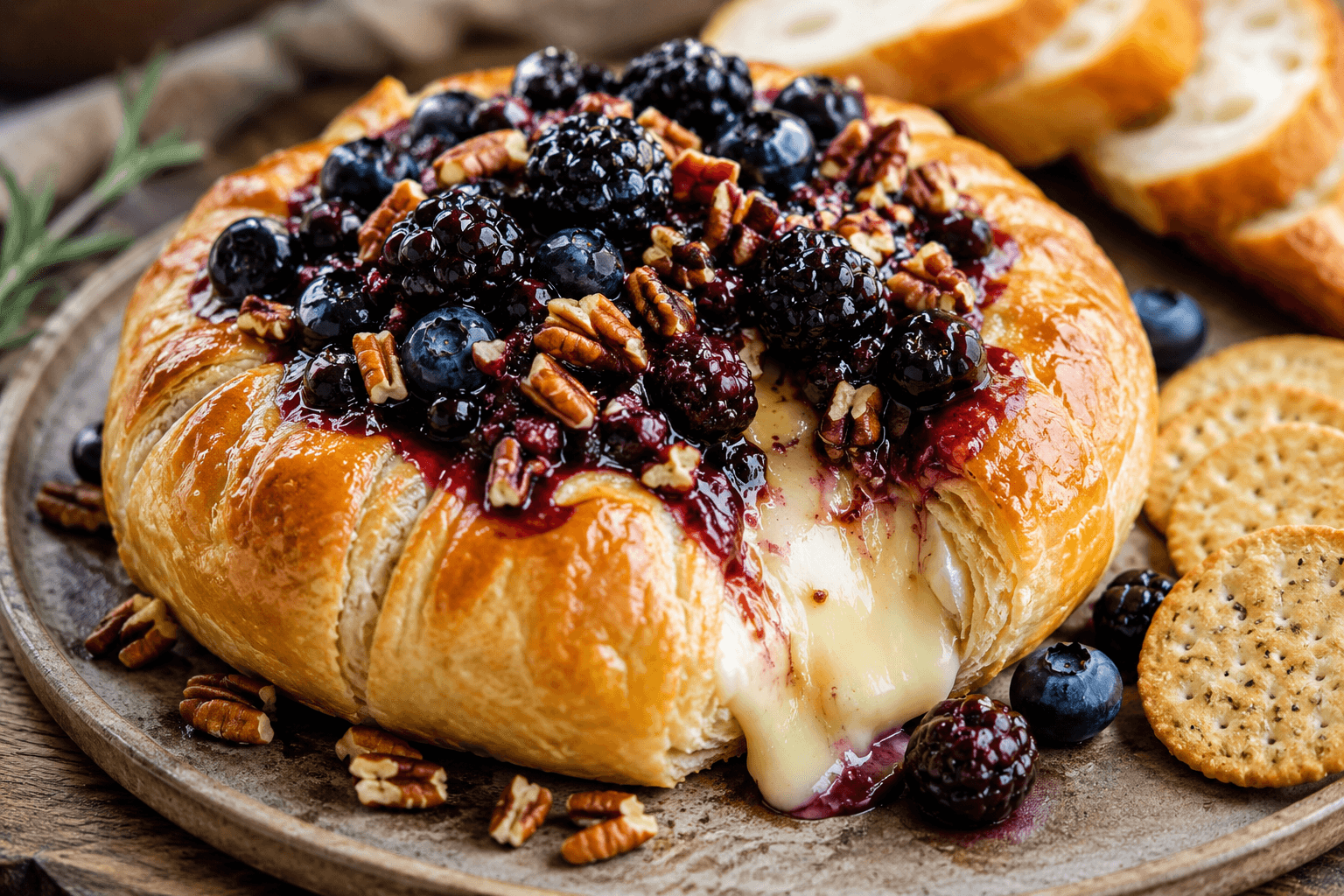 Gebakken brie met bramen, blauwe bessen en pecannoten.