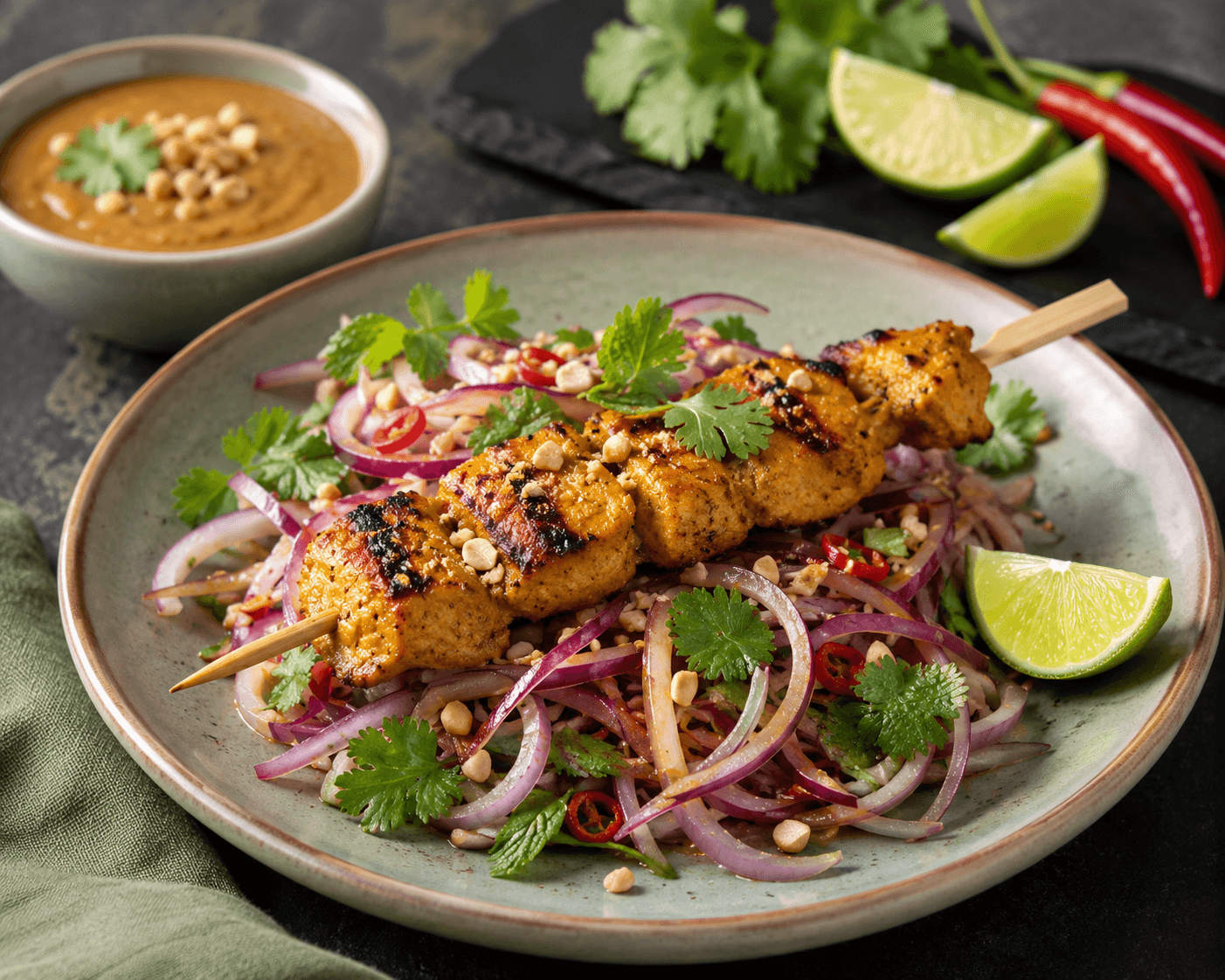Thaise uien salade met kip-satéspiesjes.