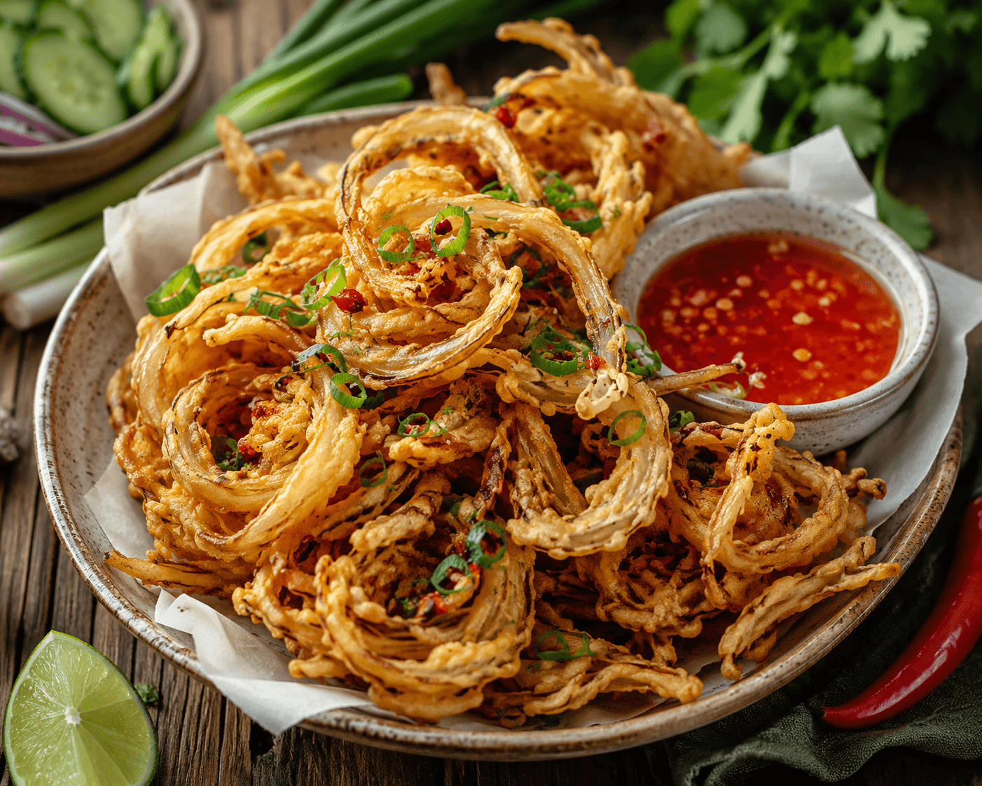 Krokant gebakken Thaise uien.