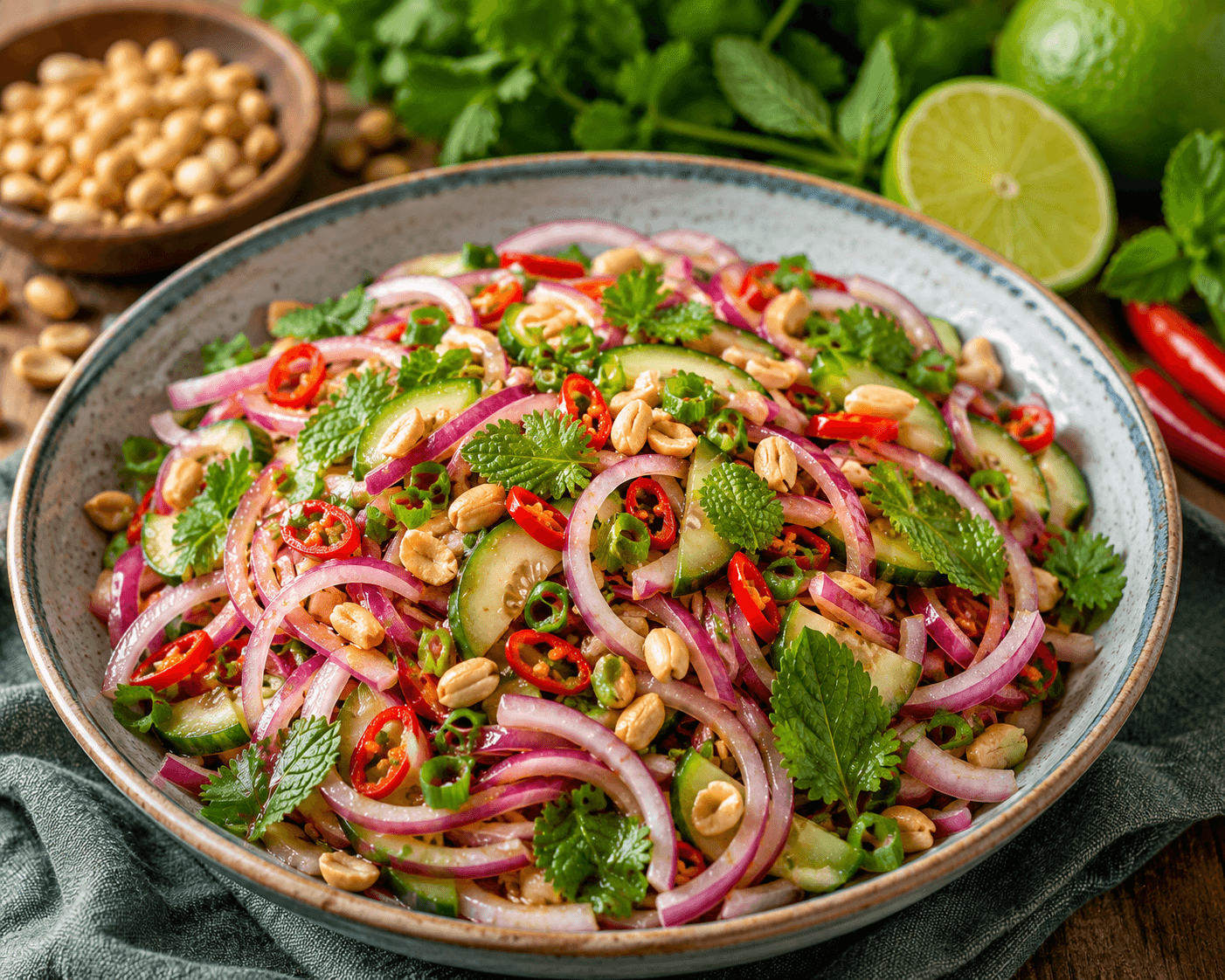 Thaise zoetzure uiensalade.