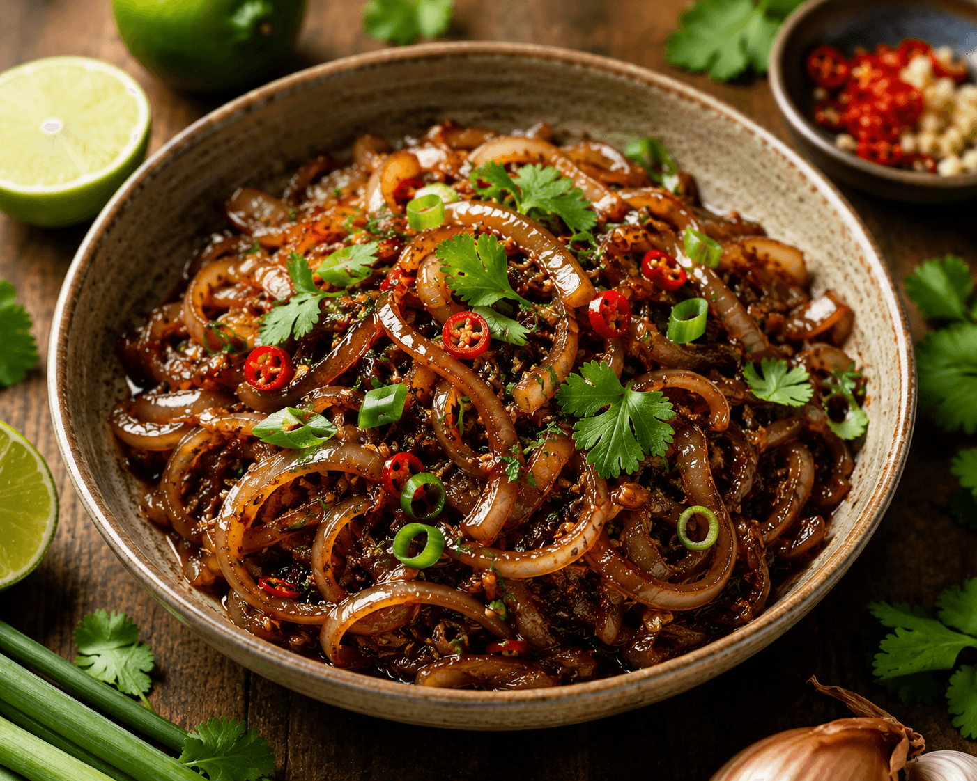 Thaise gekaramelliseerde uien met vissaus.