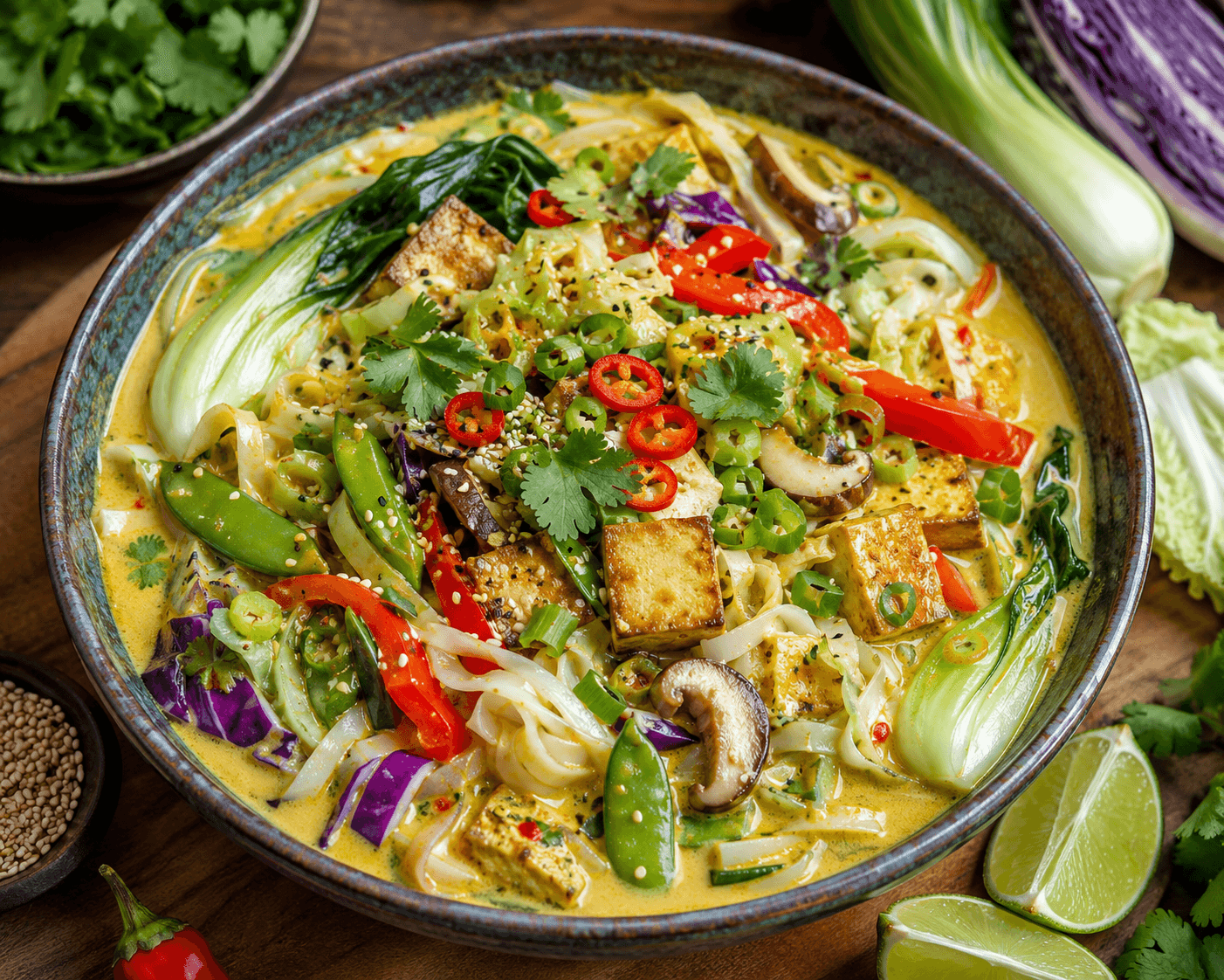 Thaise gele curry met rijstnoedels, Chinese kool, spitskool en paksoi.