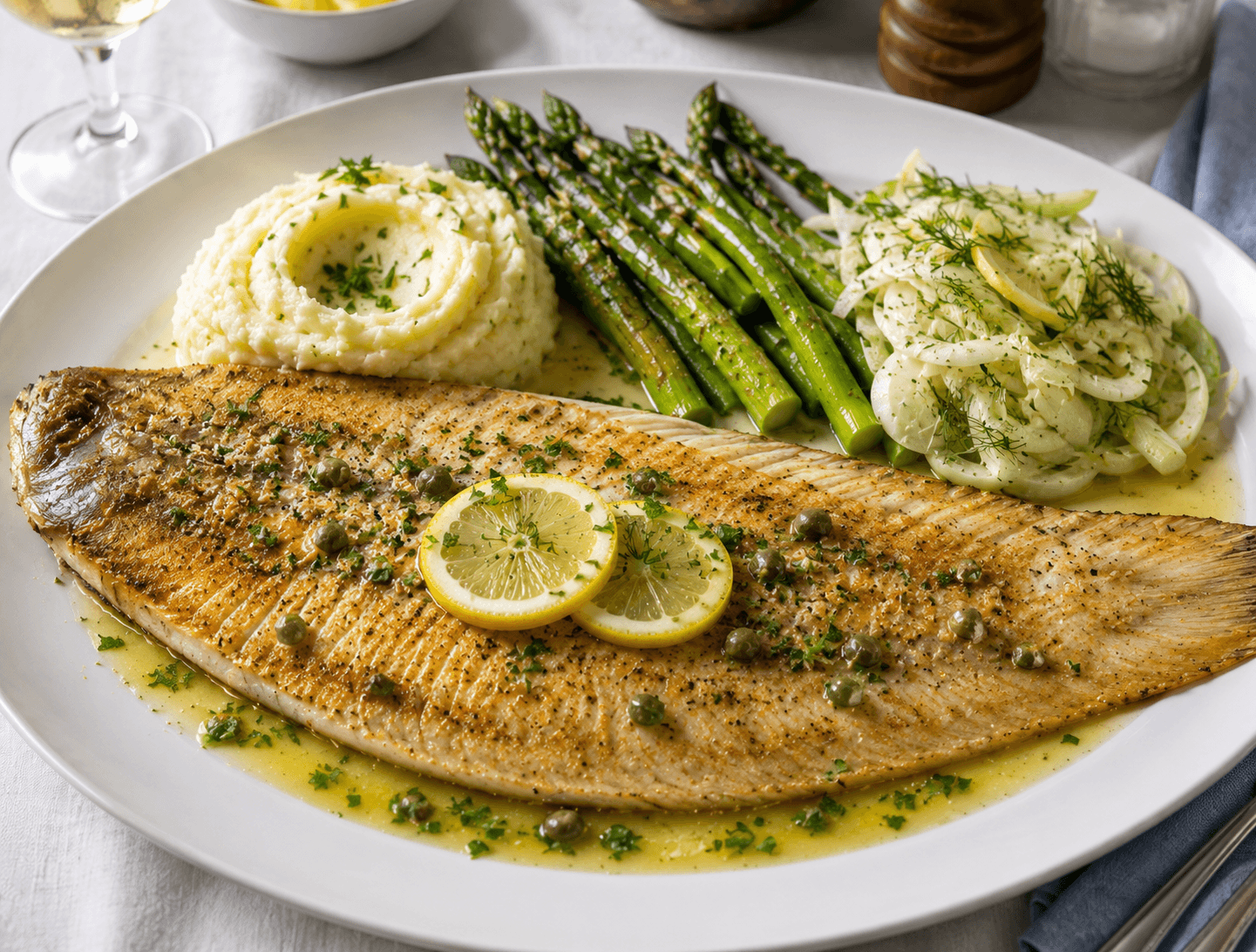 Zeetong met citroenboter, romige puree en groene asperges.