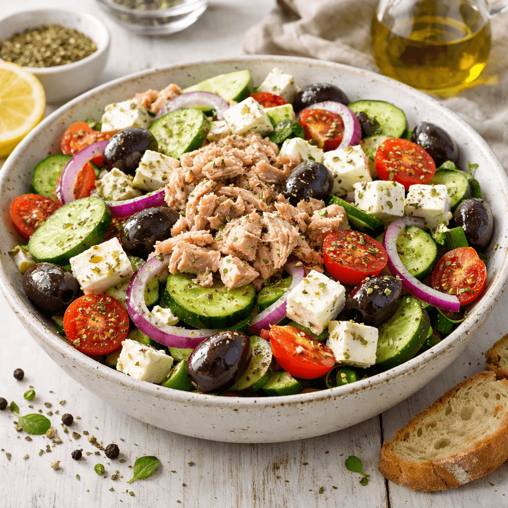 Klassieke Griekse salade met tonijn.