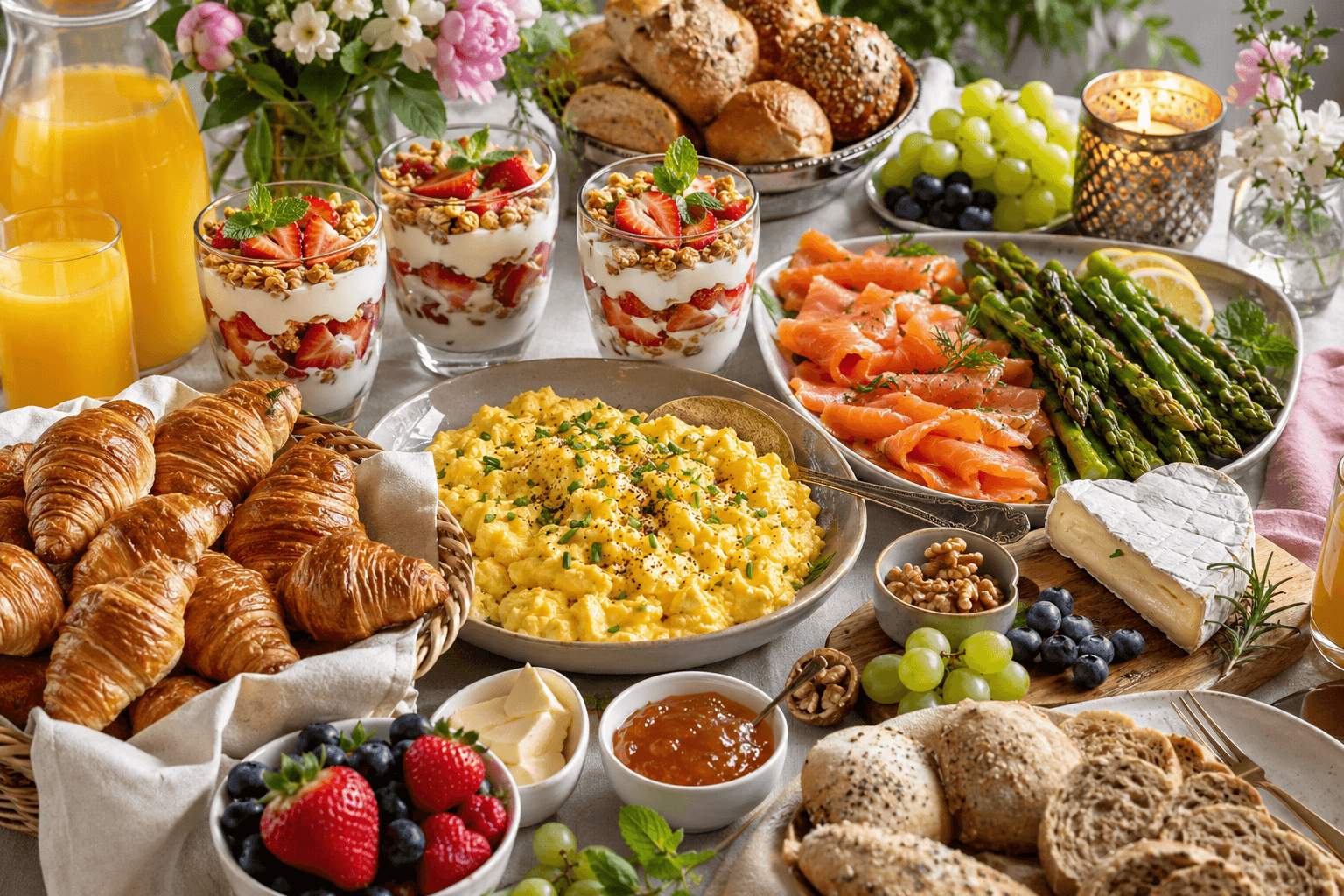 Luxe ontbijt met mini croissants, romige roerei, gerookte zalm, asperges en aardbeien-yoghurt parfait.