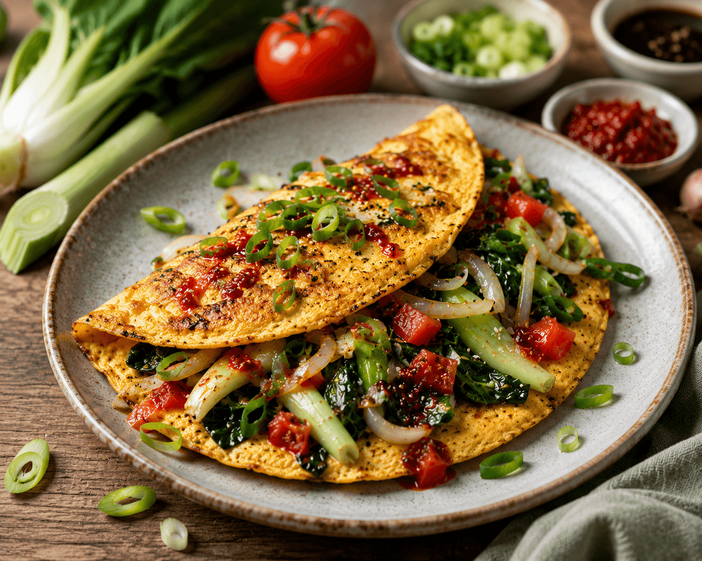 Oosterse omelet met paksoi, prei en teriyaki.