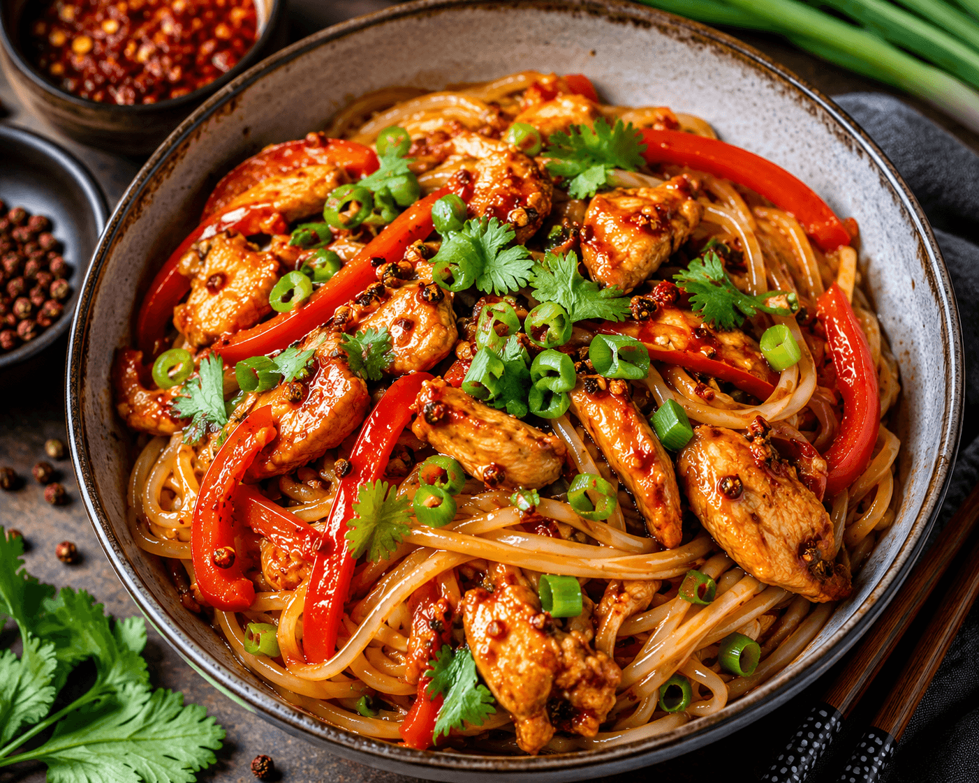 Sichuan-stijl Kip met Rijstnoedels.