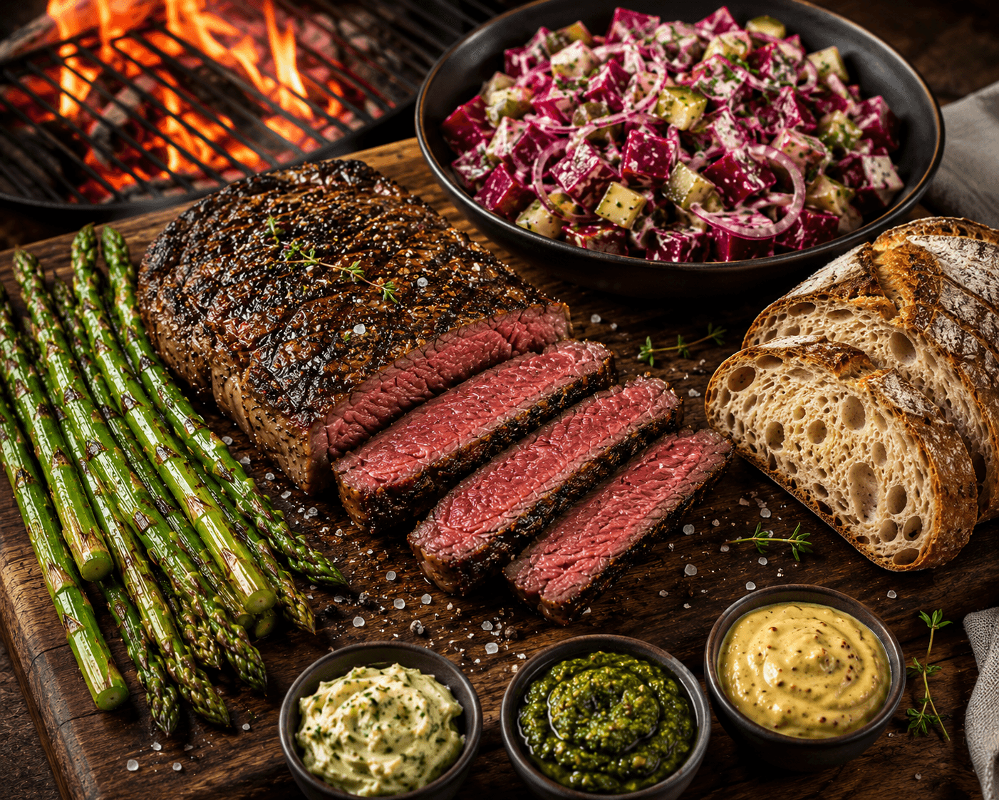 BBQ entrecote met rode bietensalade, gegrilde groene asperges en desem stokbrood.