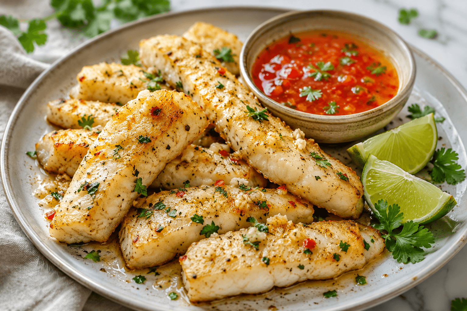Garlic Butter Kabeljauwreepjes met Zoete Chili-Limoensaus.
