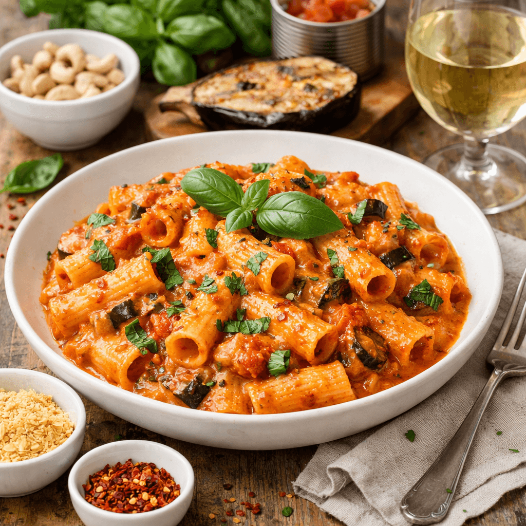 Romige aubergine-tomatenpasta.