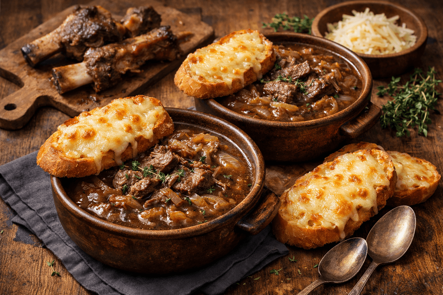 Franse uiensoep met short ribs en gegratineerde Gruyère toast.