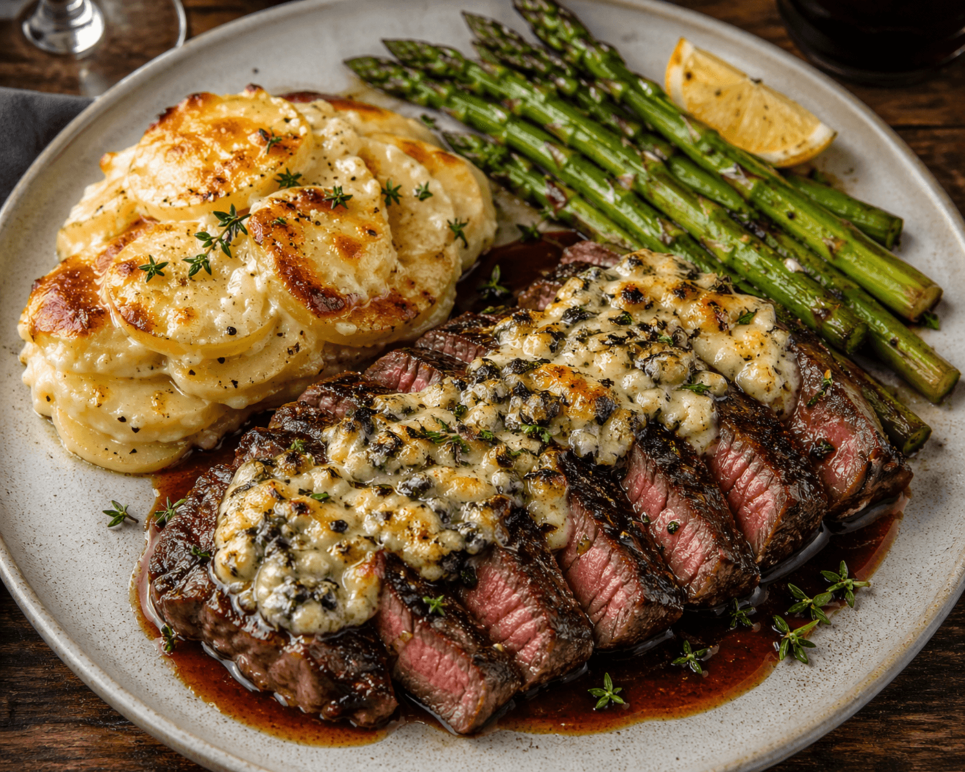 Balsamico gemarineerde bavette met blauwe kaas korst.