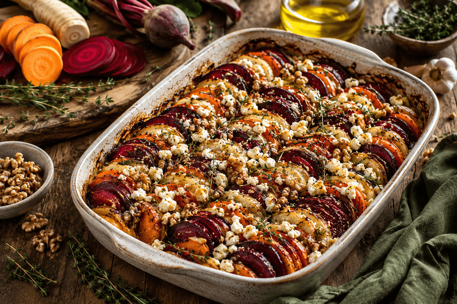 Mediterrane Gelaagde Groentetian met Biet, Zoete Aardappel, Feta en Walnoten.