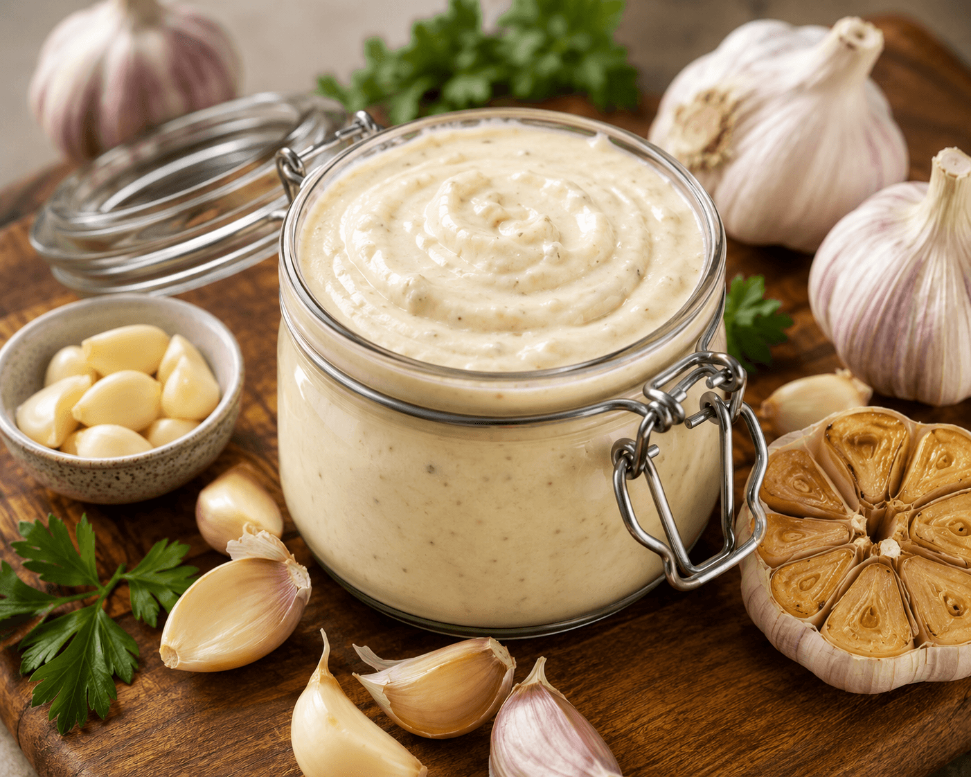 Romige knoflooksaus met extra veel knoflook.