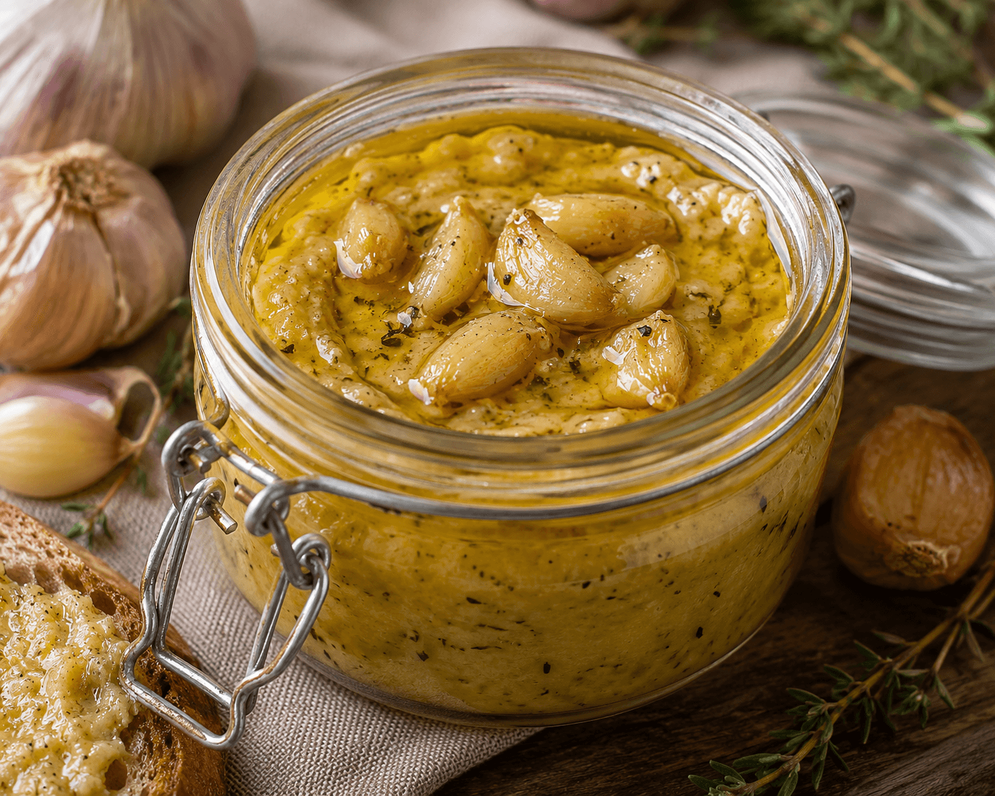 Romige knoflookspread van geroosterde knoflook en olijfolie.