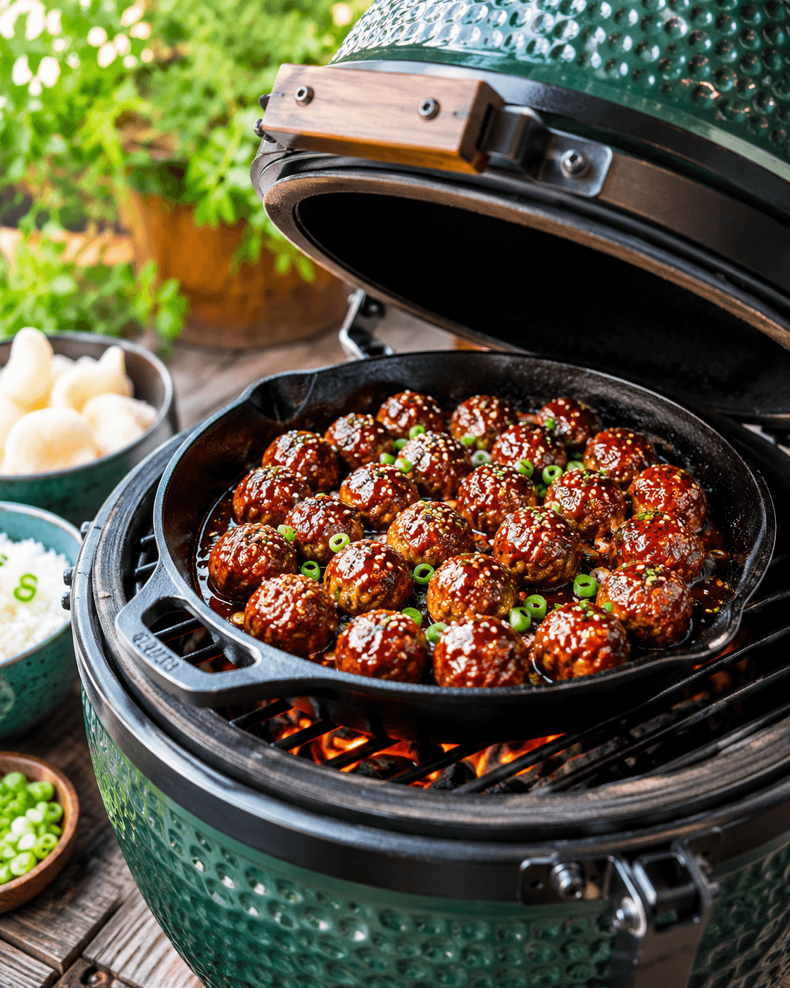 Oosterse kipballetjes in hoisin-chilisaus van de kamado.