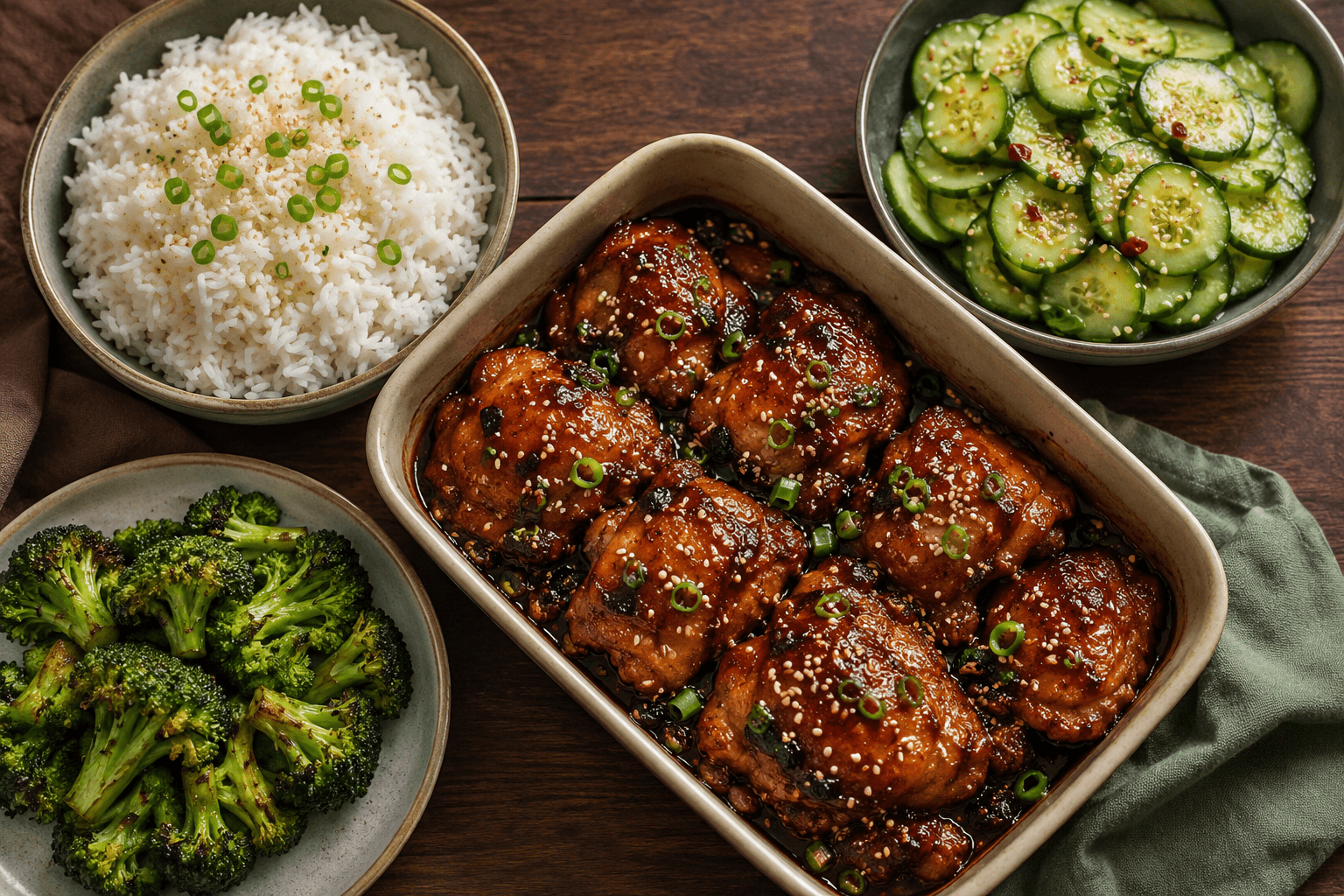 Sticky Honing Ketjap Kip uit de Oven met Kokosrijst, Komkommer-Sesamsalade en Geroosterde Broccoli.