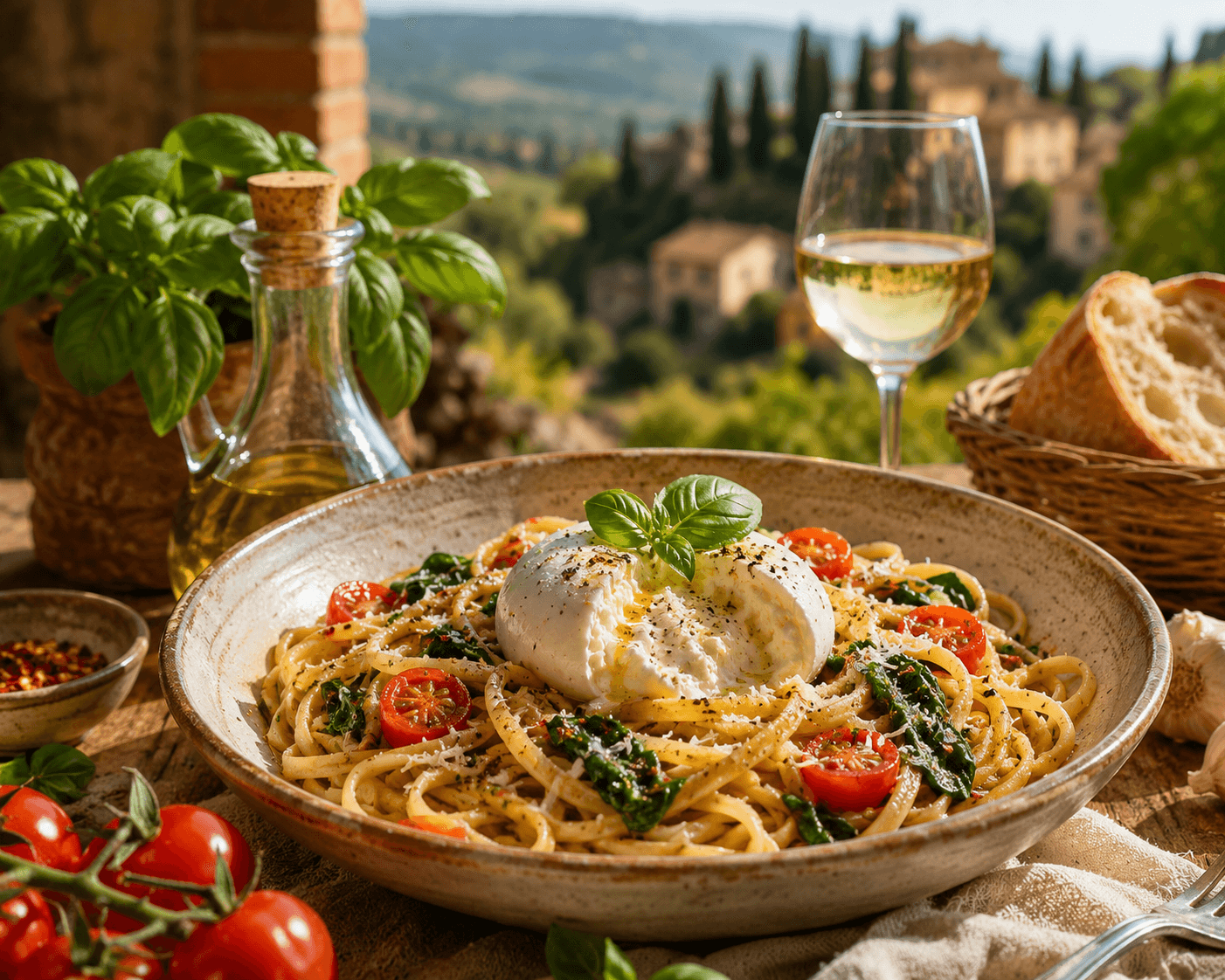 Toscaanse linguini met burrata.