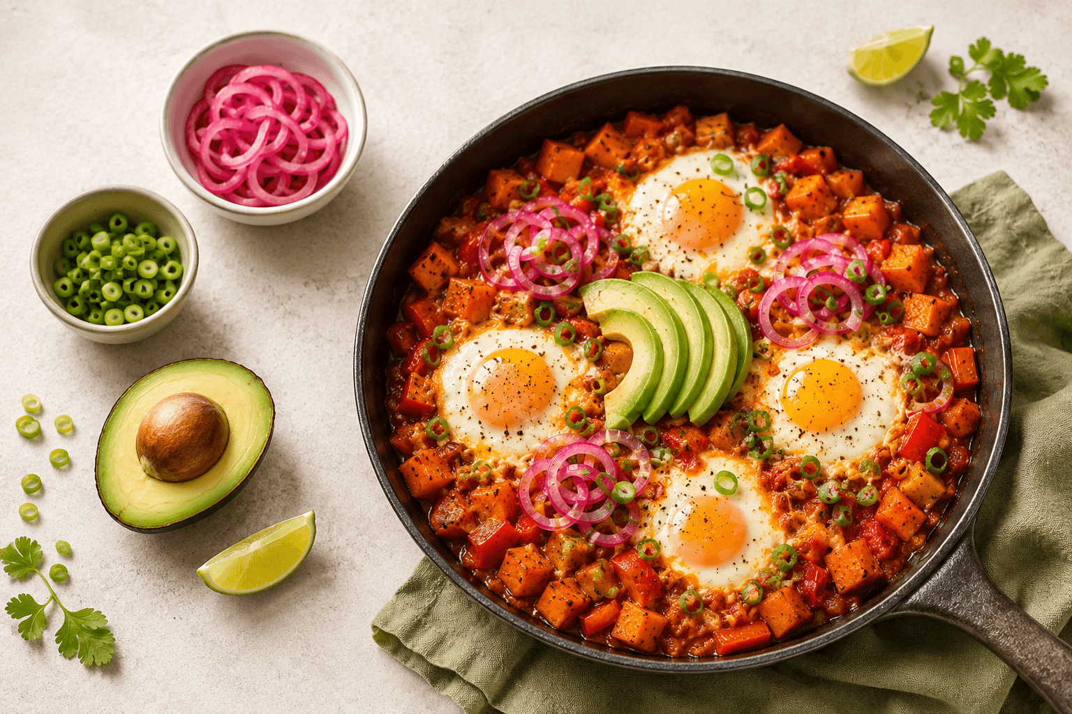 Zoete aardappel shakshuka met avocado en ingelegde rode ui.