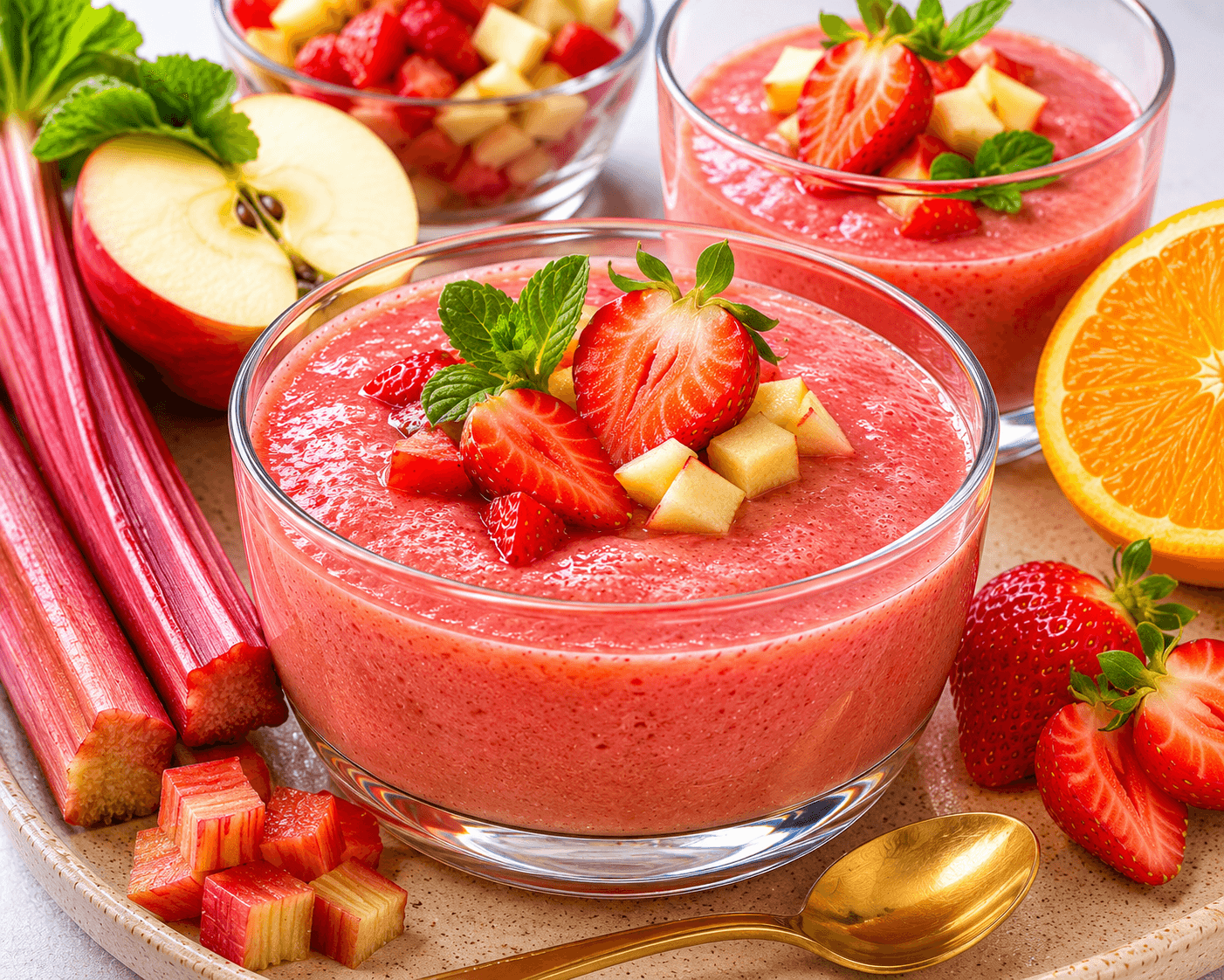 Rabarbermousse met appel, aardbei, jus d'orange en honing.