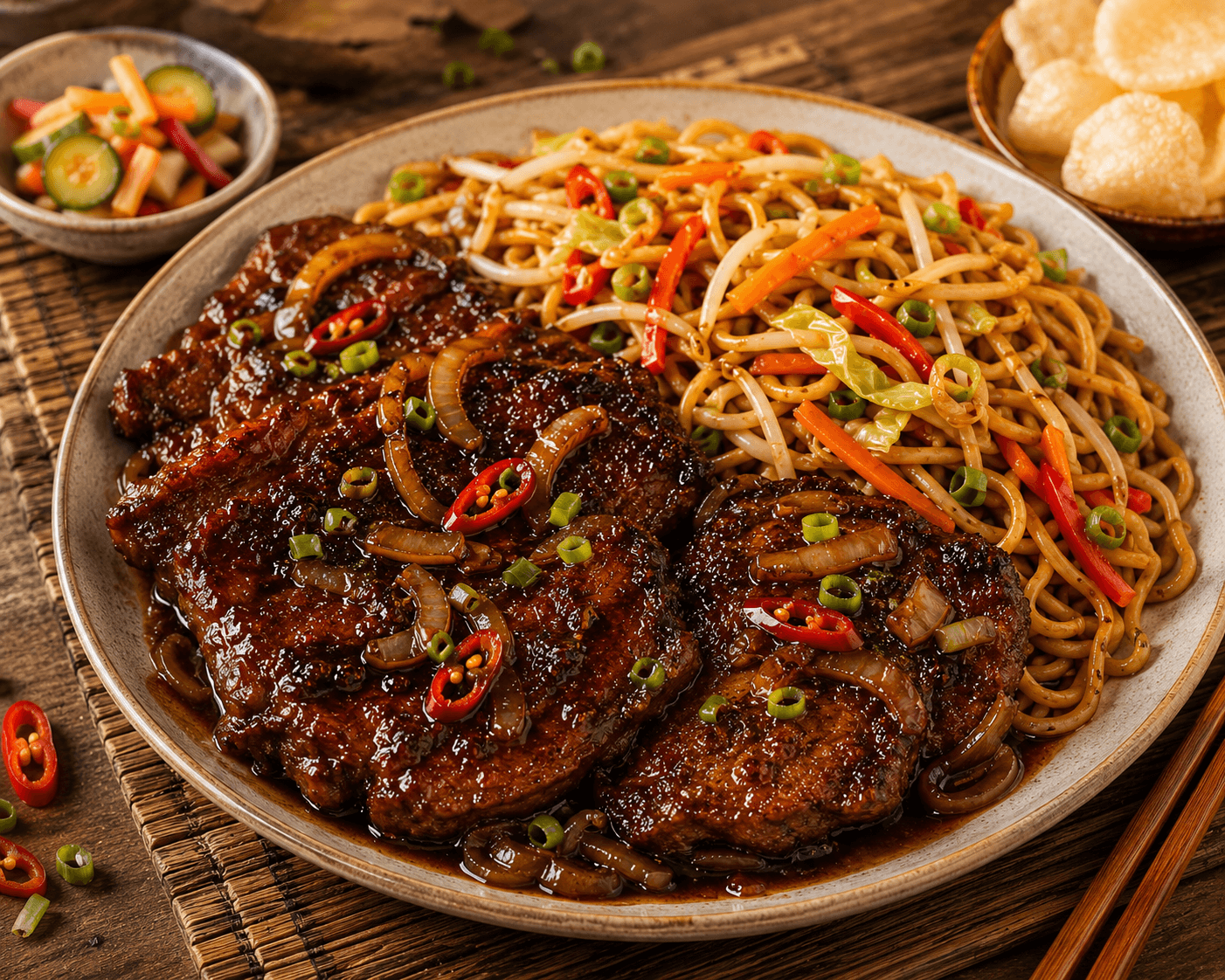 Indische Speklapjes Ketjap met Chinese Bami.