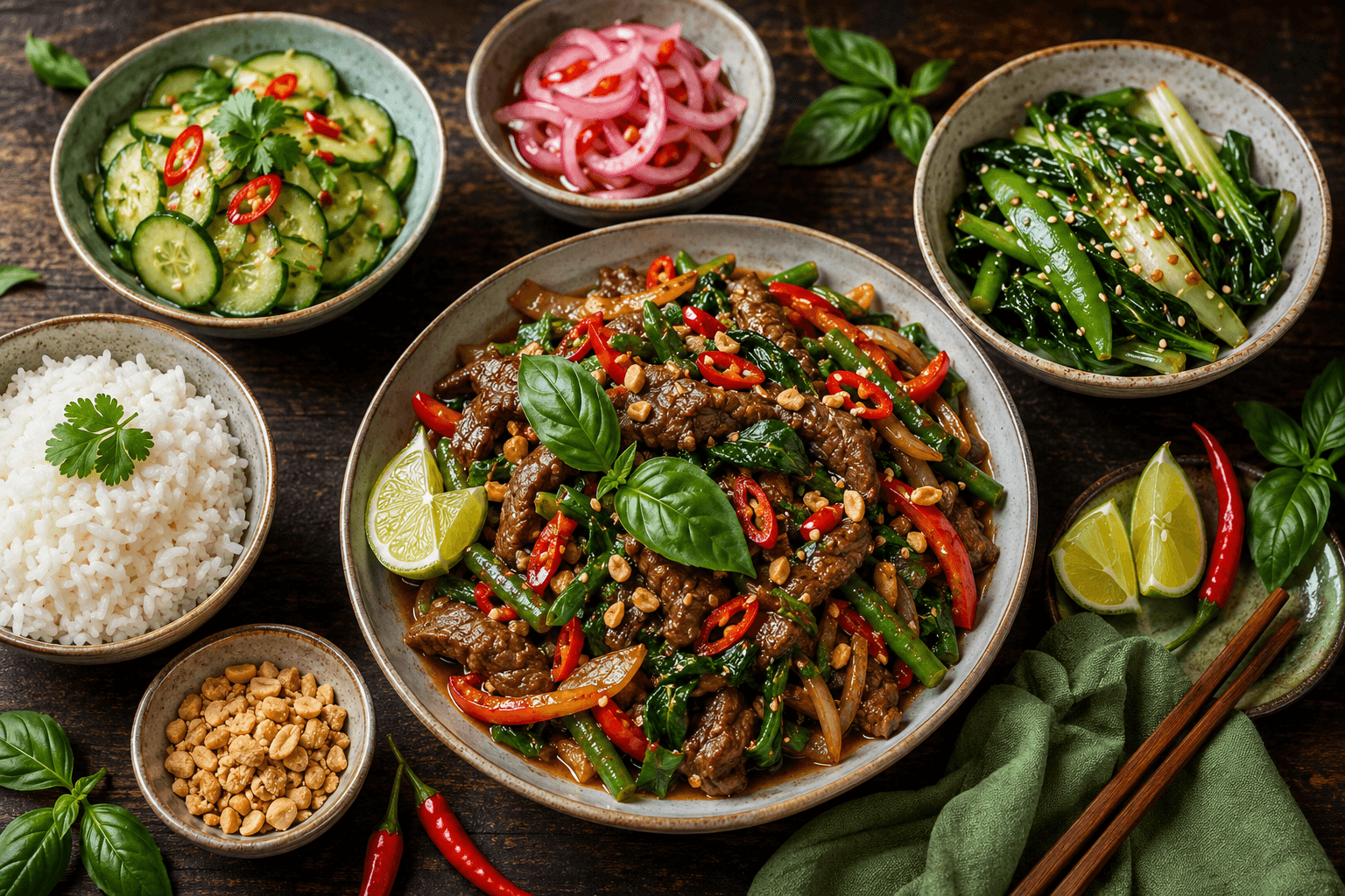 Thaise Basilicum Rundvlees Roerbak met Knoflook, Chili en Verse Kruiden.