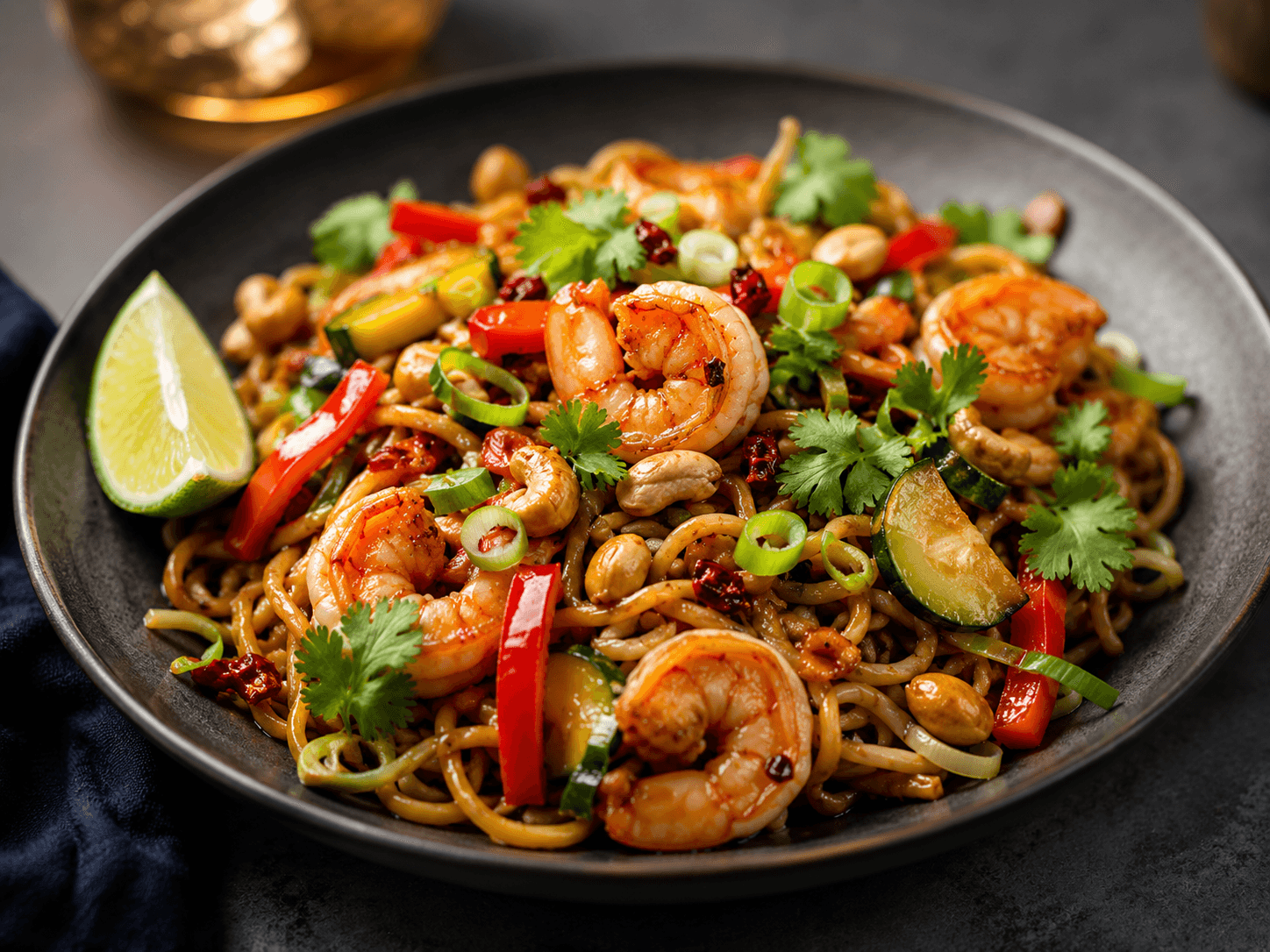 Kung pao garnalen met noedels.