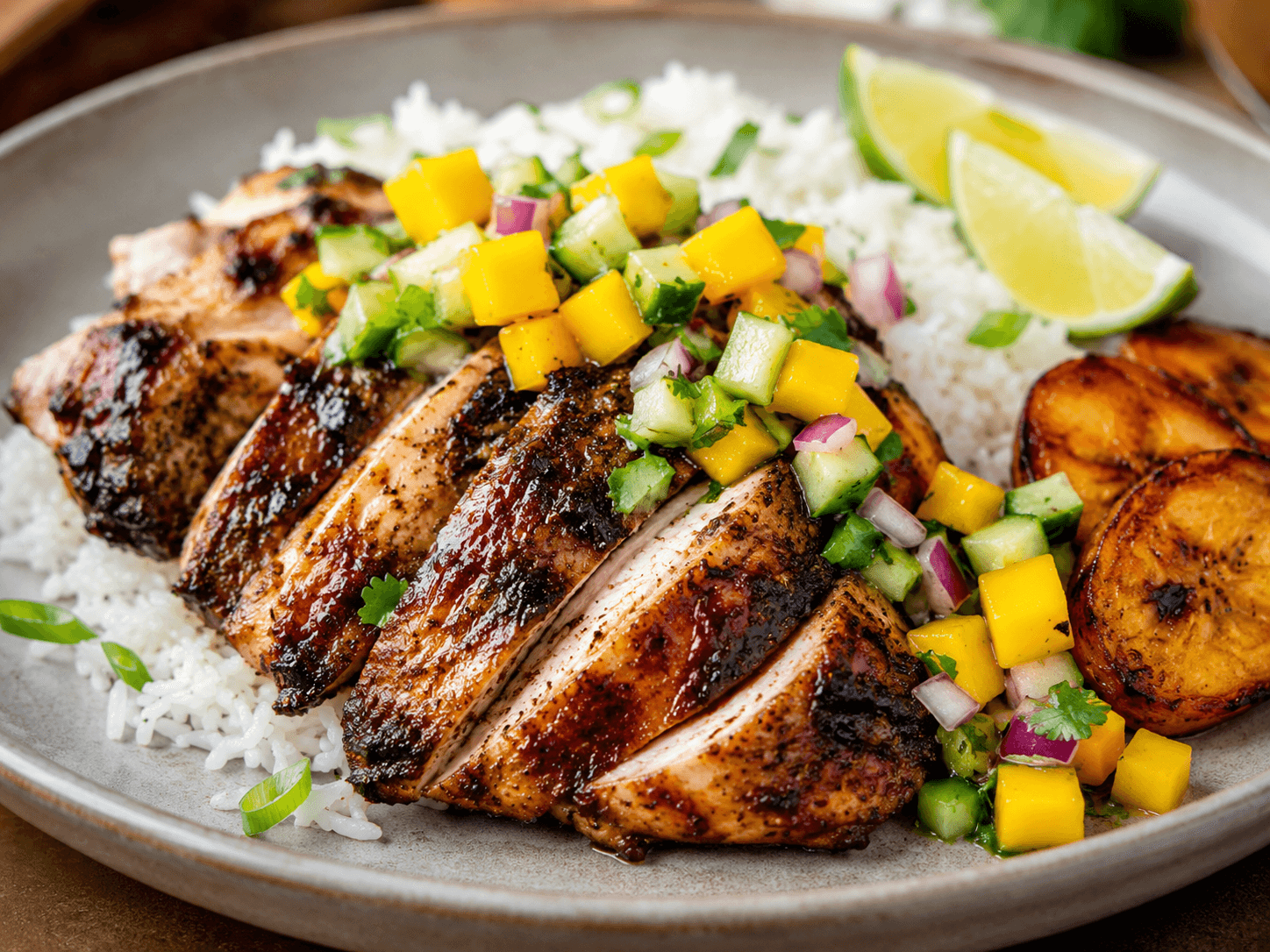 Jamaicaanse jerk-kip met mango-komkommersalsa.