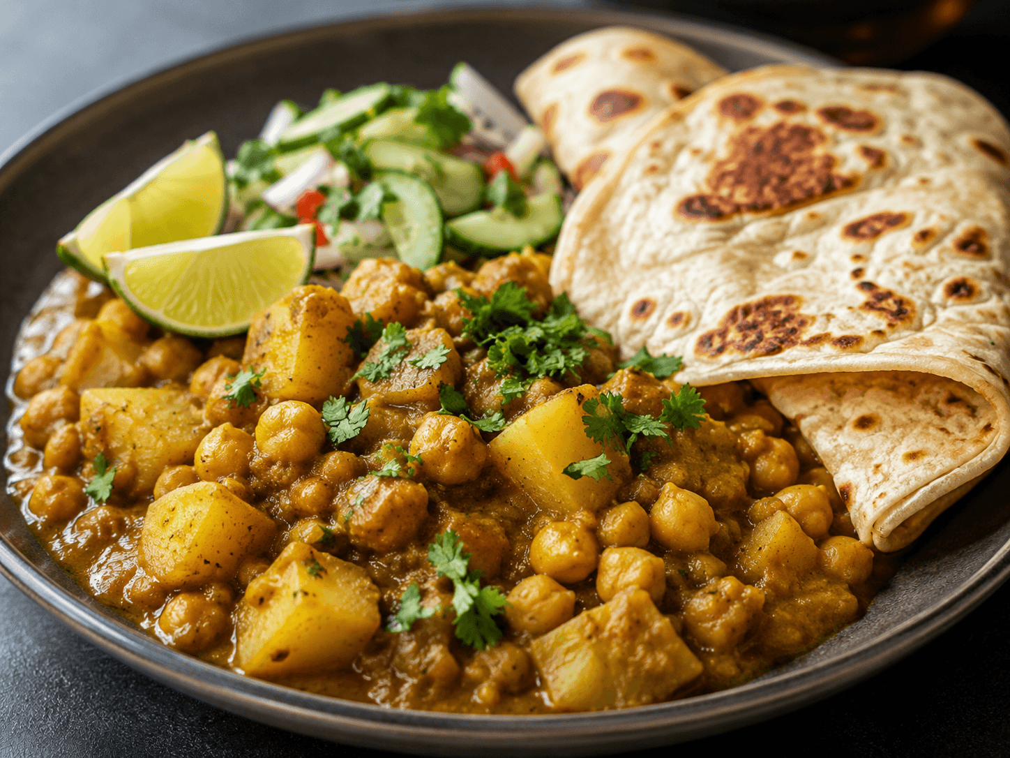 Trinidadiaanse curry met kikkererwten, aardappel en roti.