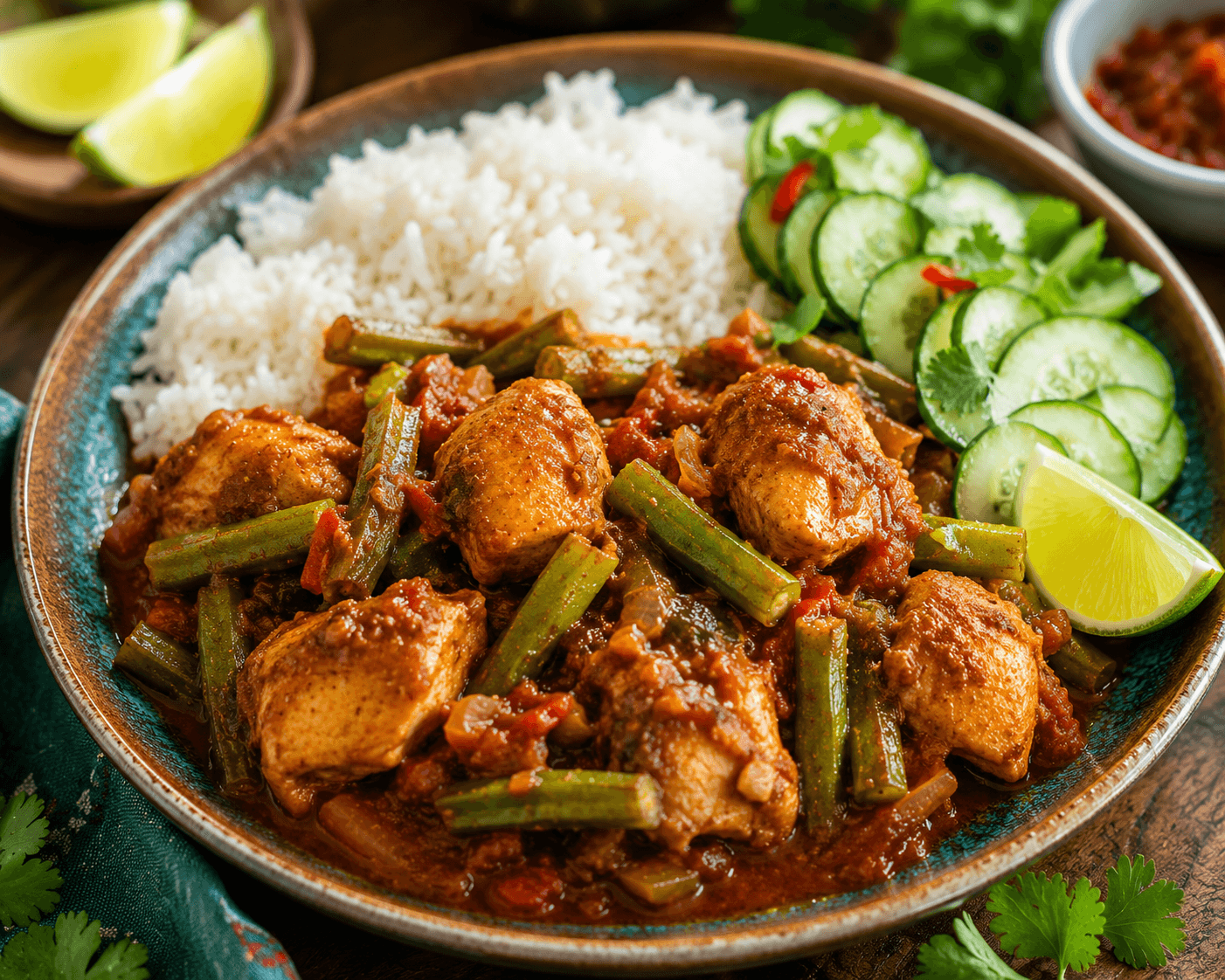 Surinaams-Caribische kip met masala, kousenband en rijst.