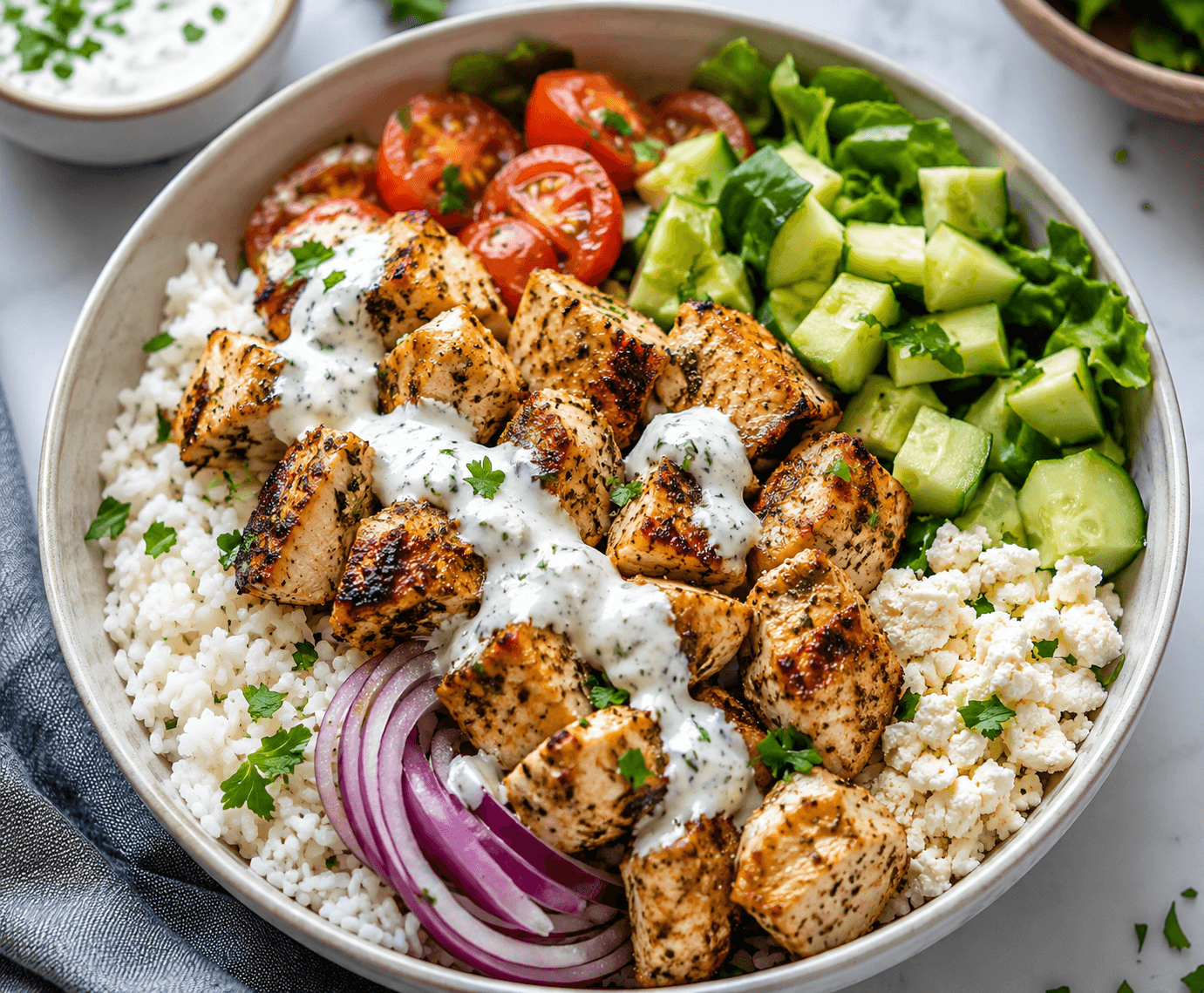 Griekse Kip Souvlaki Bowl met Knoflooksaus.