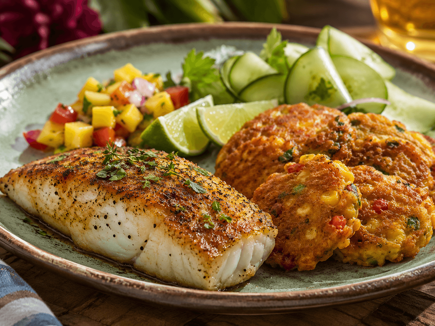 Barbadiaanse visfilet met kruidige maïskoekjes.