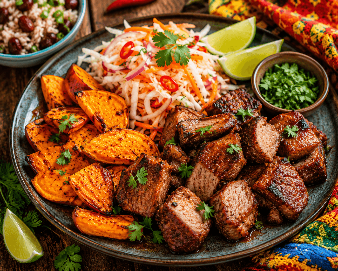 Haïtiaanse griot-style varkensvlees met pikliz en zoete aardappel.