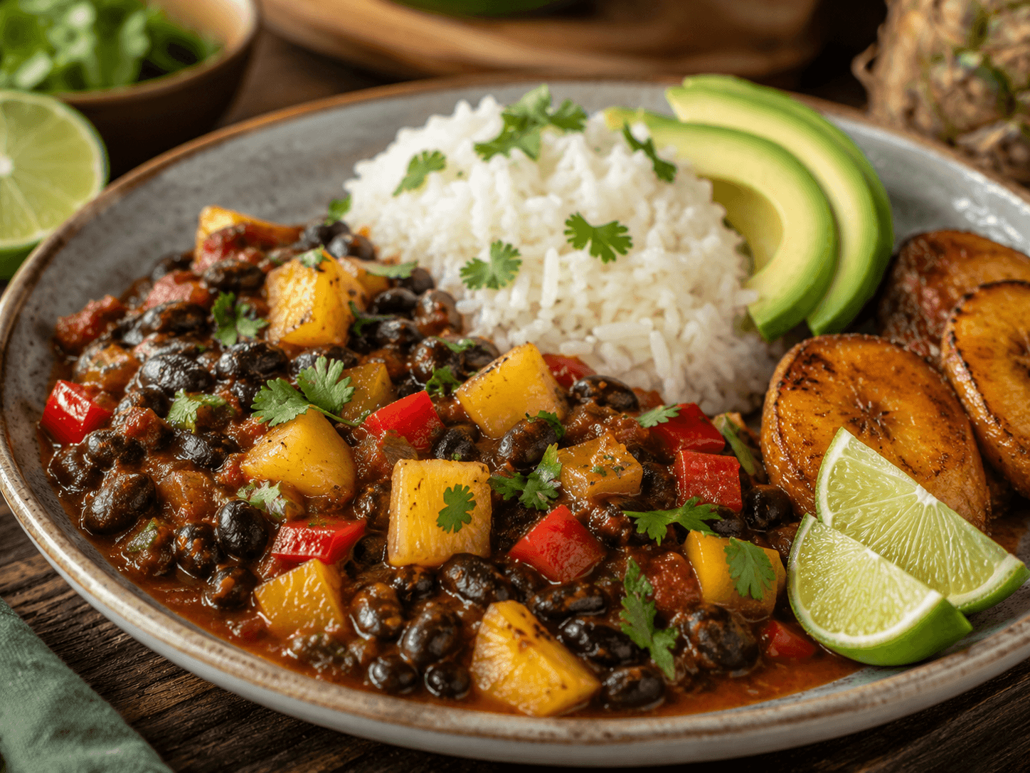 Caribische zwartebonenstoof met ananas, paprika en limoen.