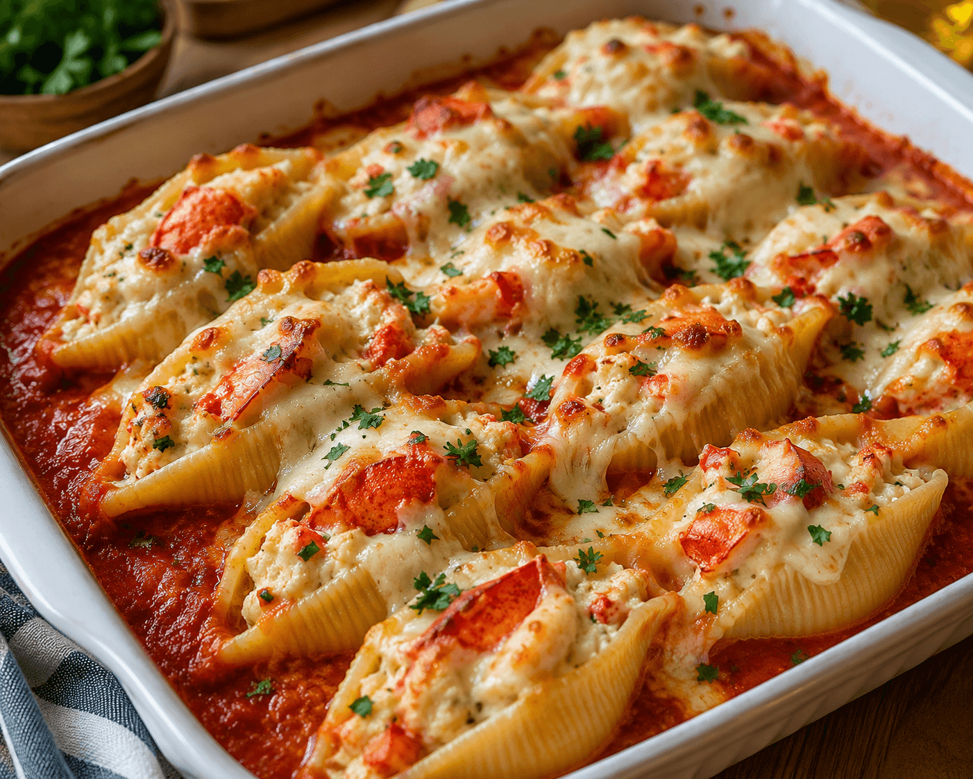 Gevulde Pastaschelpen met Kreeft en Ricotta.