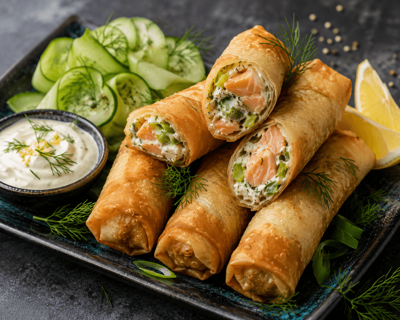 Loempia met Zalm, Prei en Roomkaas (10 stuks).