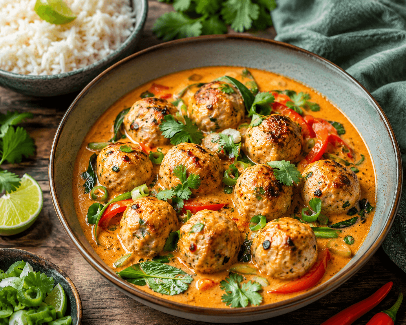 Fragrant Thai Chicken Meatballs in Romige Kokos-Currysaus.