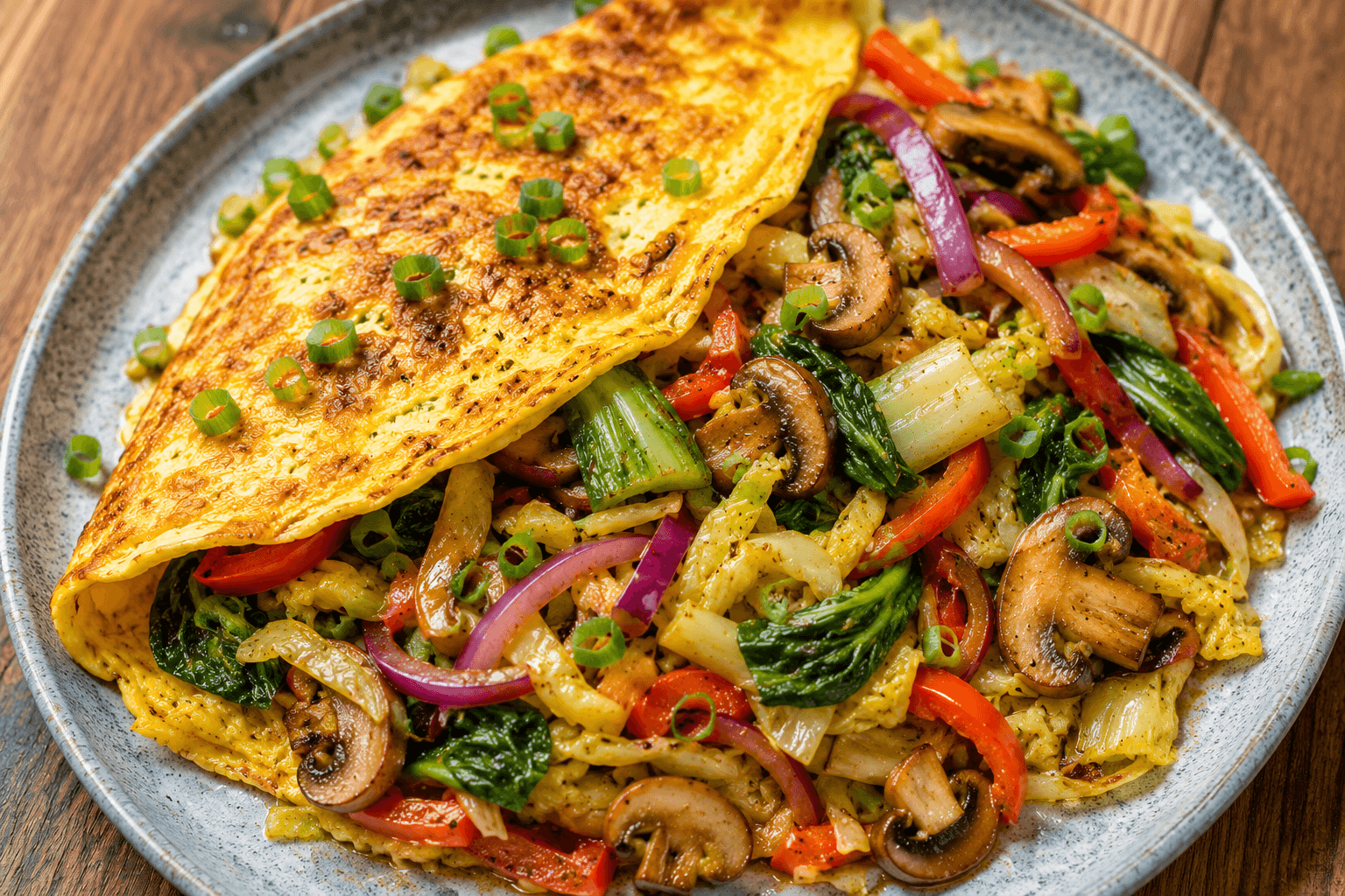 Oosterse boerenomelet met kokos-currygroenten en champignons.
