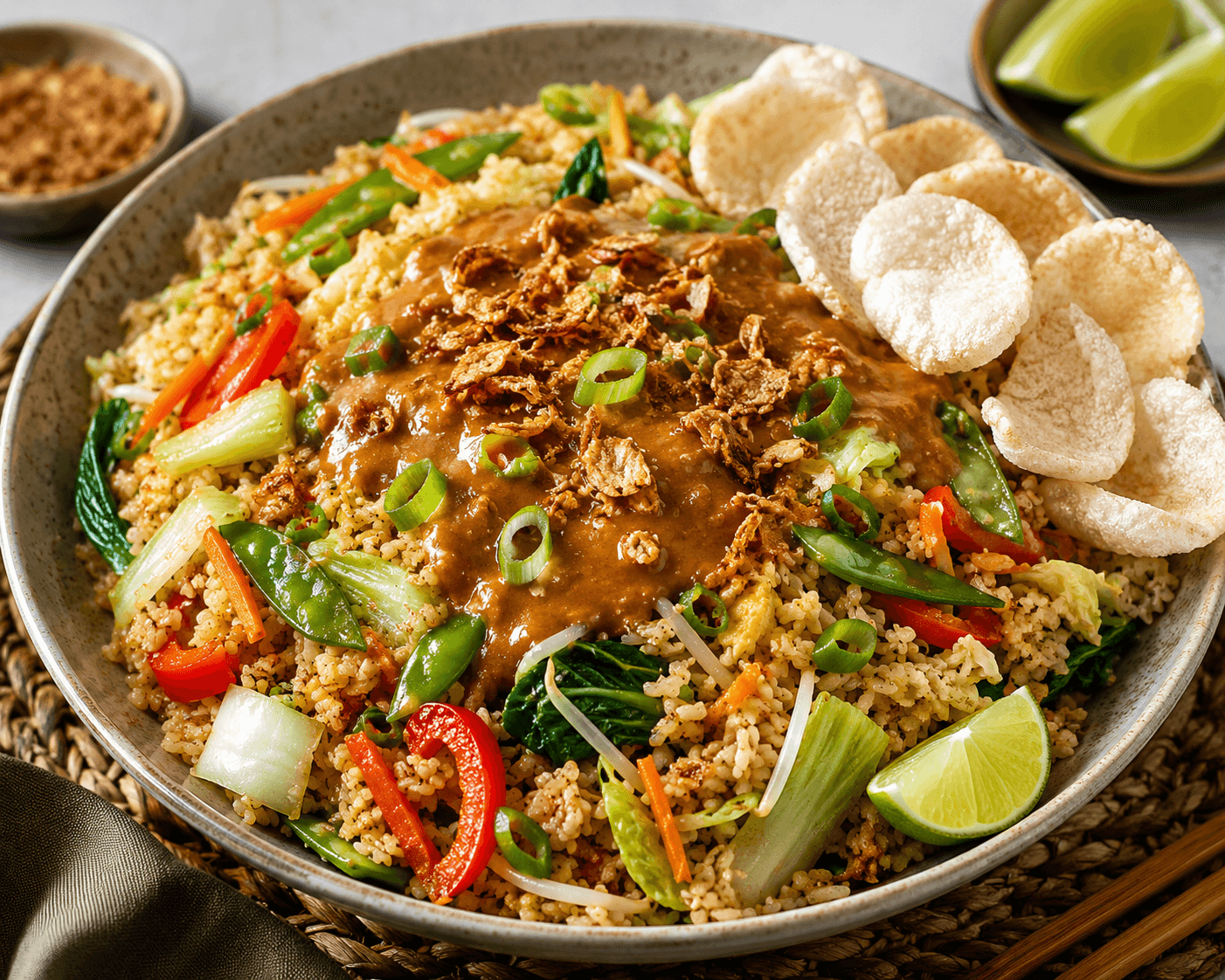 Nasi met oosterse groenten, satésaus en cassave kroepoek.