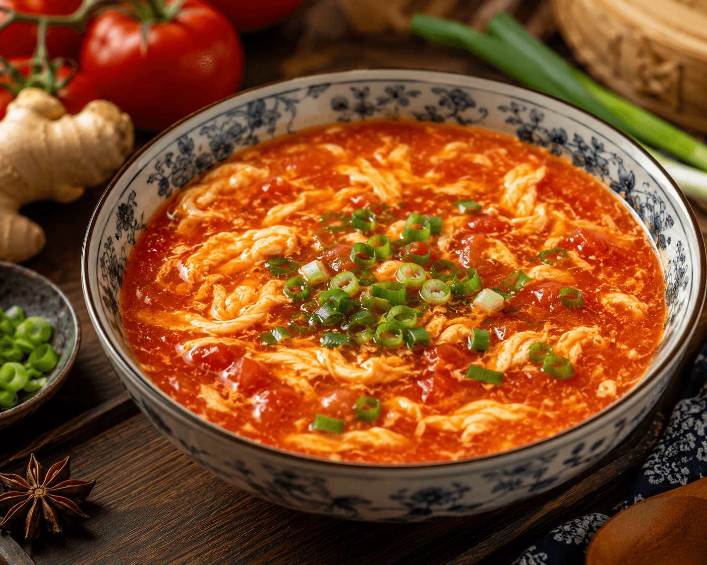 Chinese tomatensoep met geheime ingrediënten.