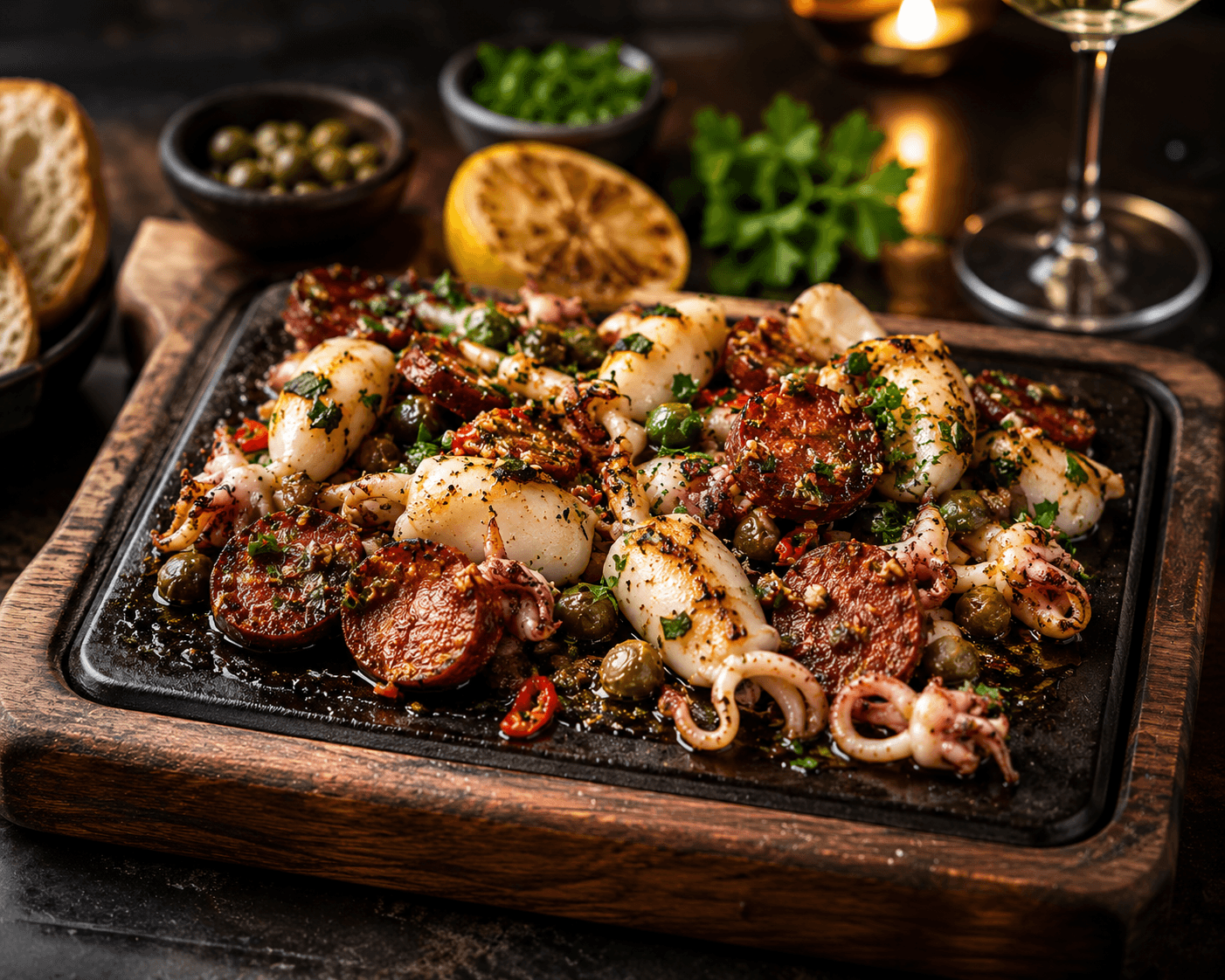 Chorizo-inktvisjes à la plancha.