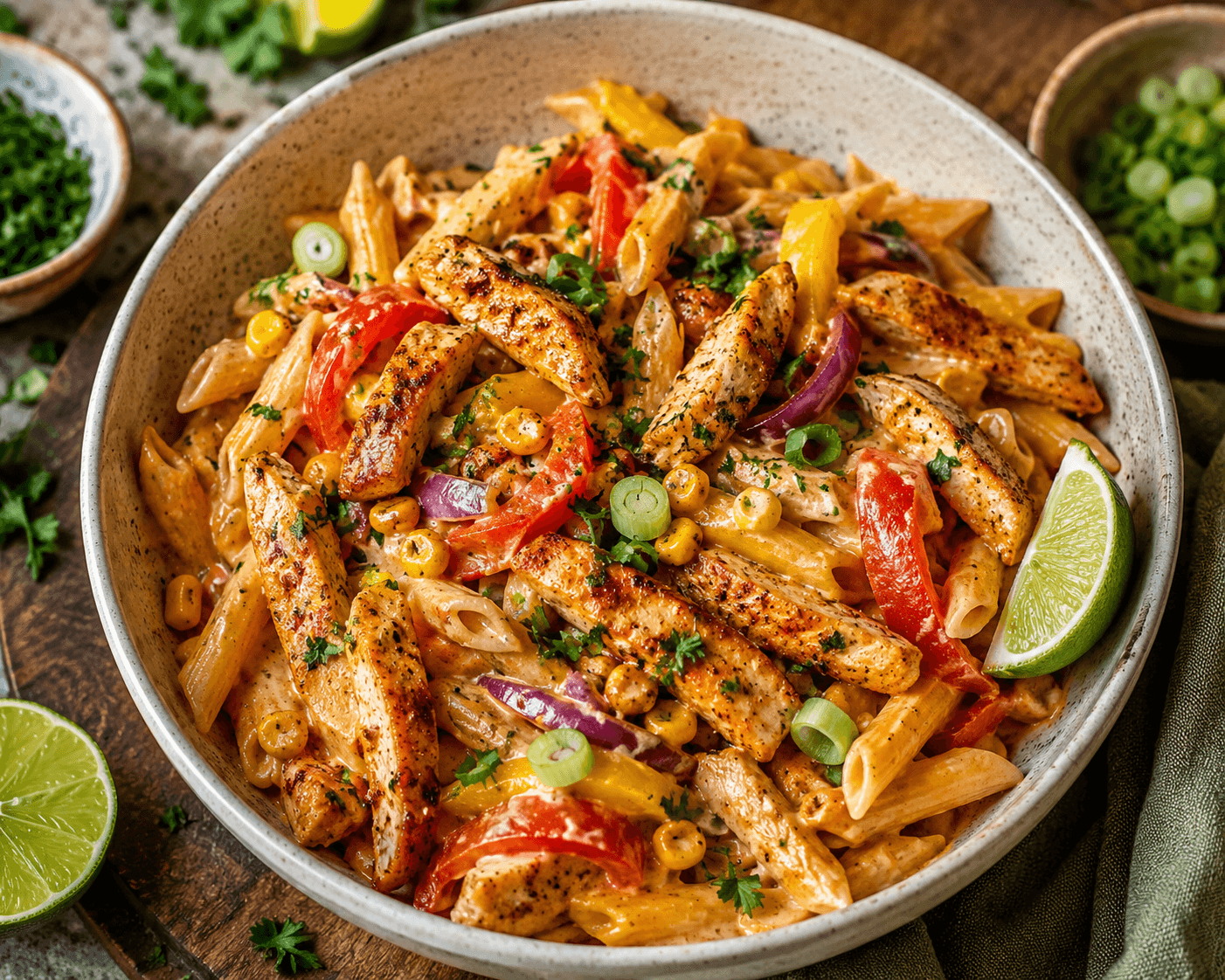 Cajun kip en pasta bowl.